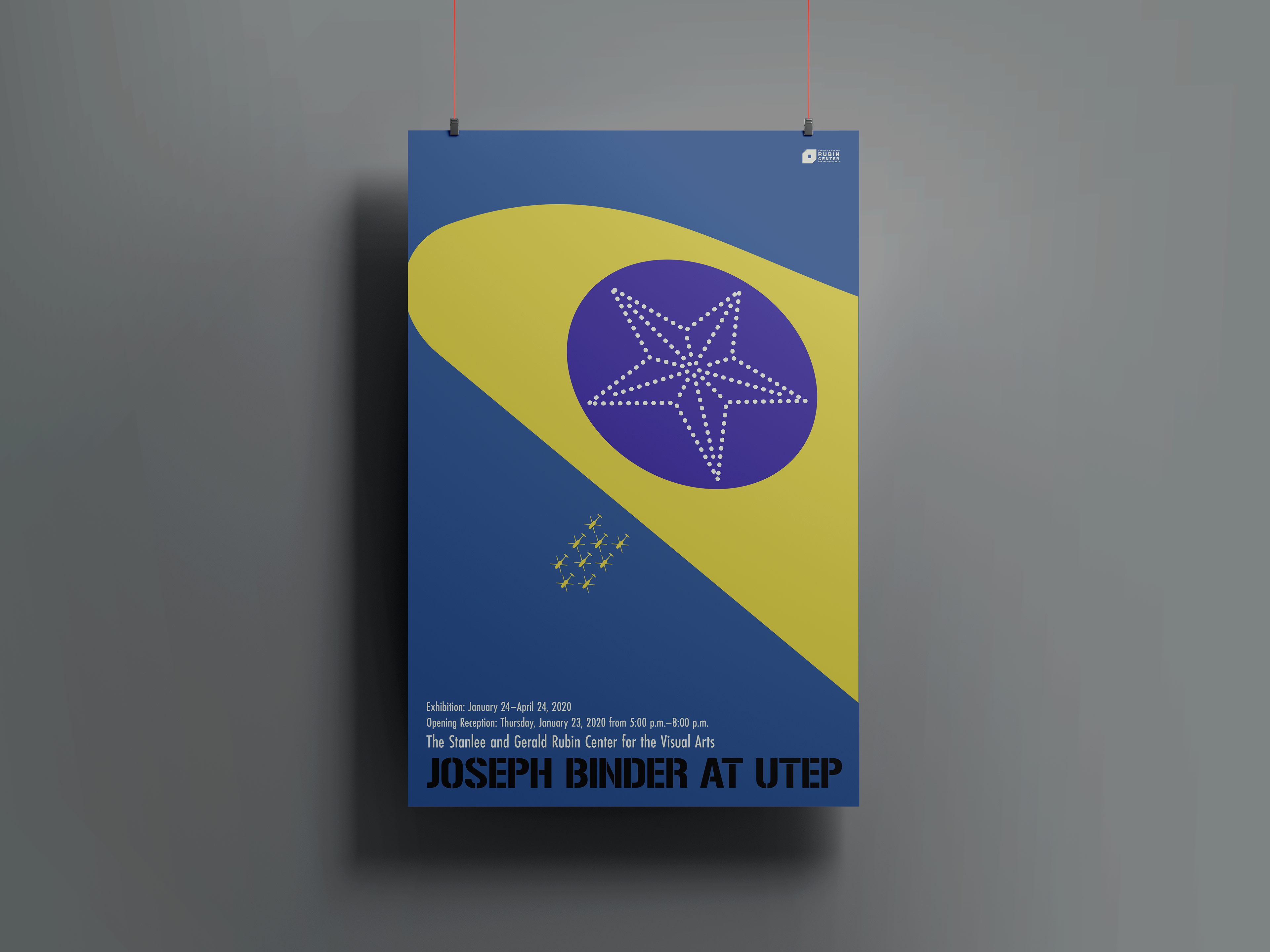Joseph binder at UTEP poster with a blue background, yellow helicopters and a yellow airplane wing with a star created of white dots.