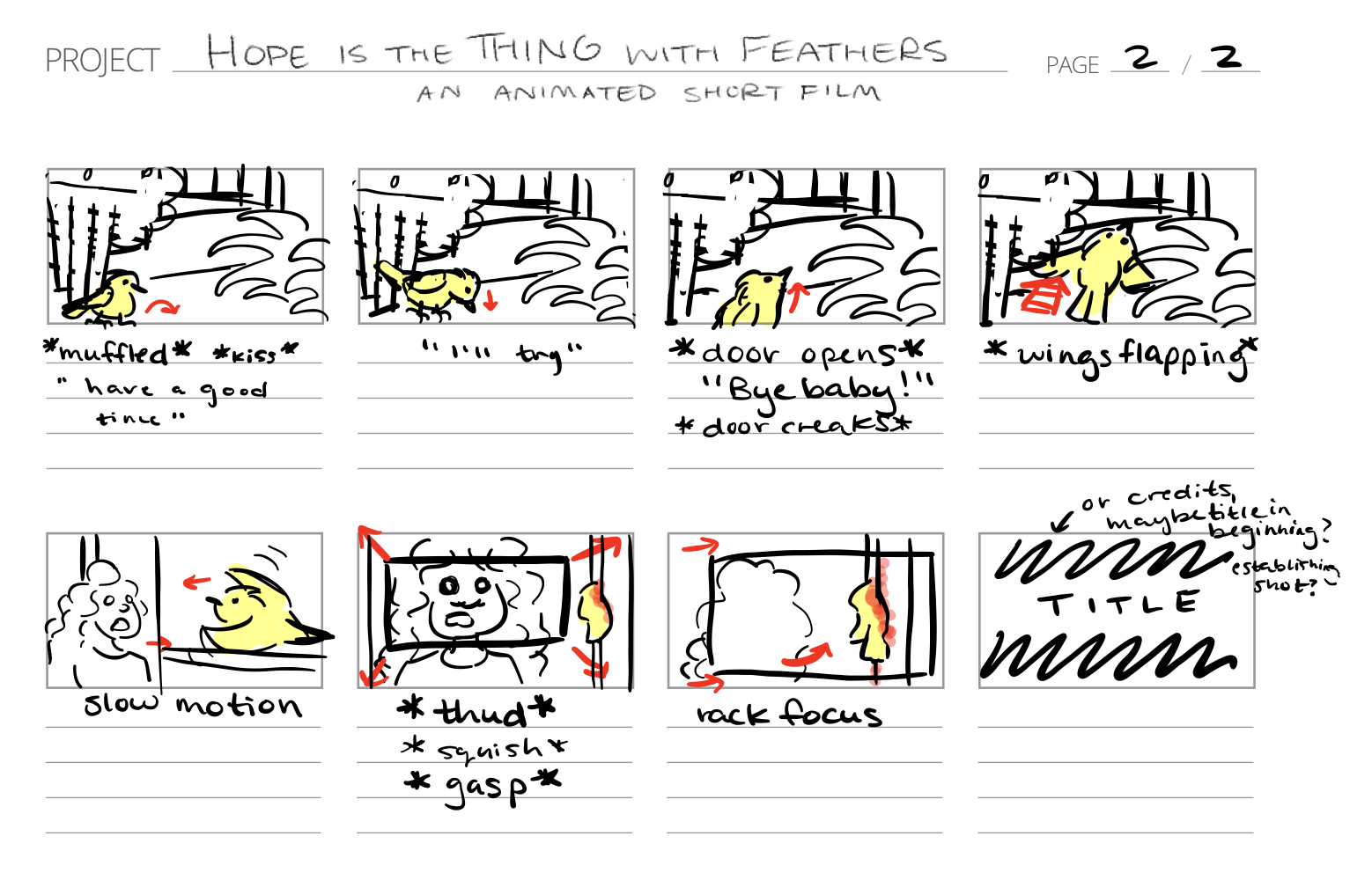 "Hope is the Thing with Feathers," storyboards, page 2, 2023, made with Procreate