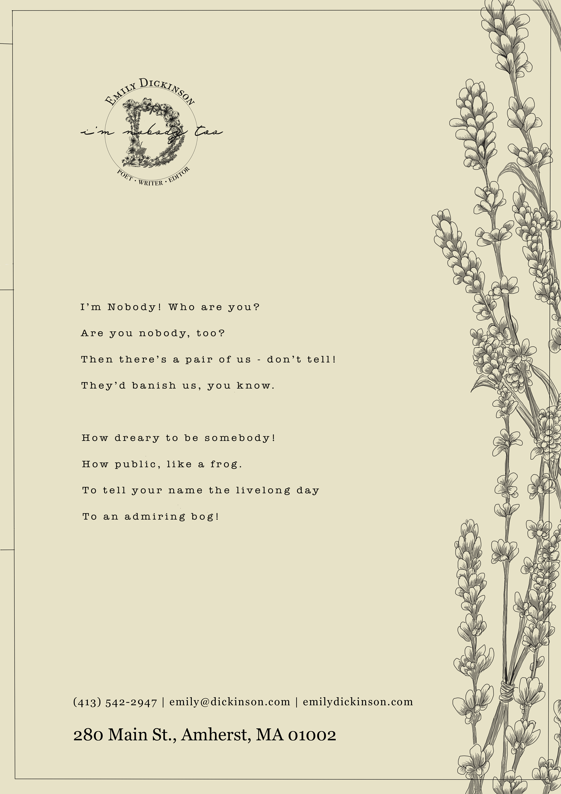 Emily Dickinson Letterhead Front, 2022, made with Adobe Photoshop & Illustrator