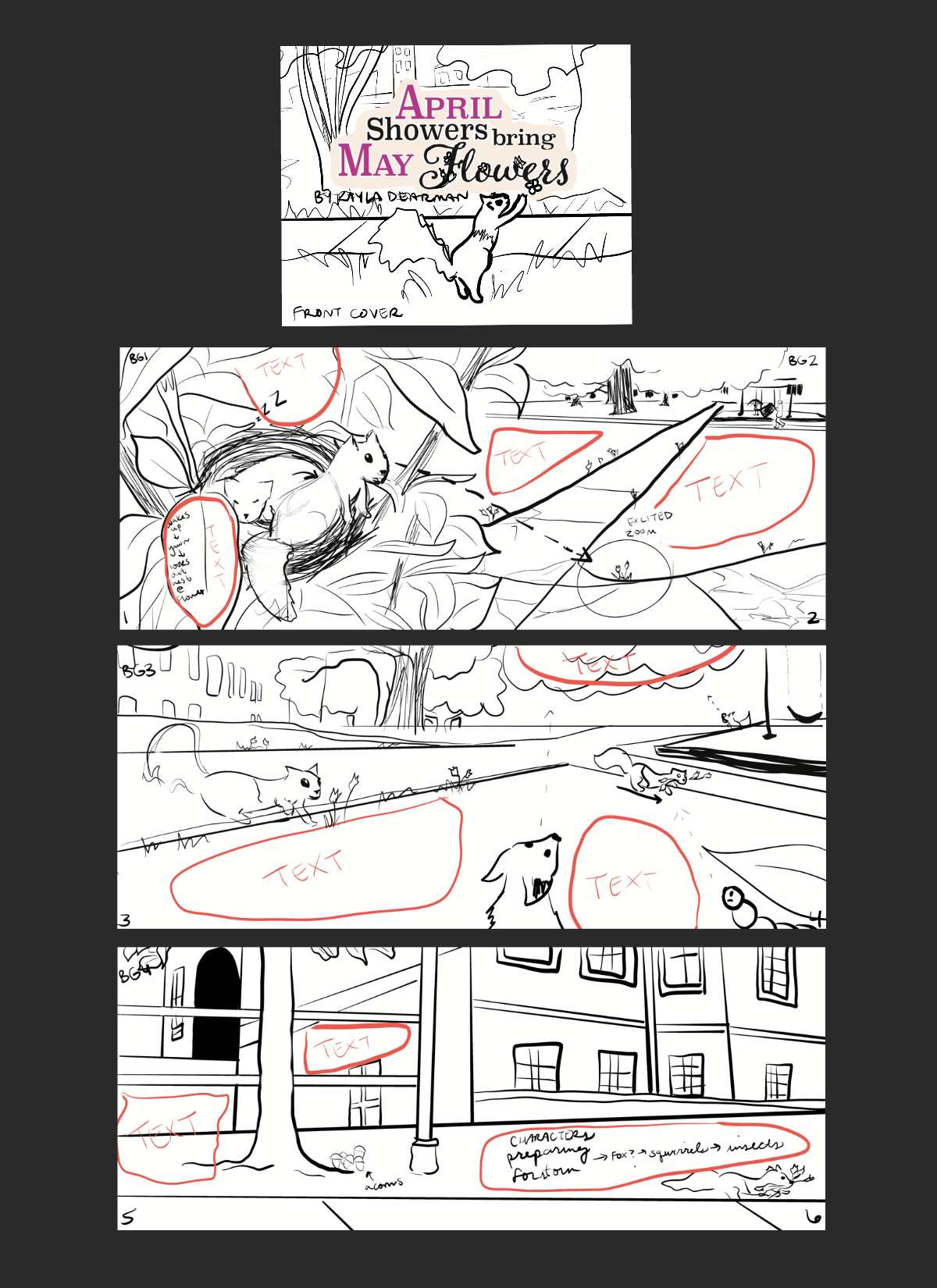 Storyboards Page 1, "April Showers Bring May Flowers," 2022, made with Procreate