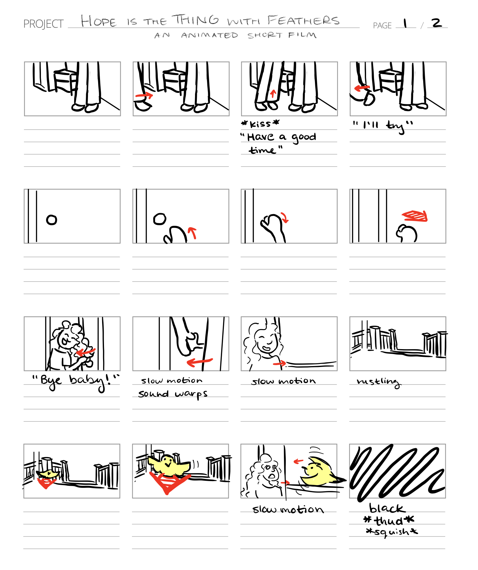 "Hope is the Thing with Feathers," storyboards, page 1, 2023, made with Procreate