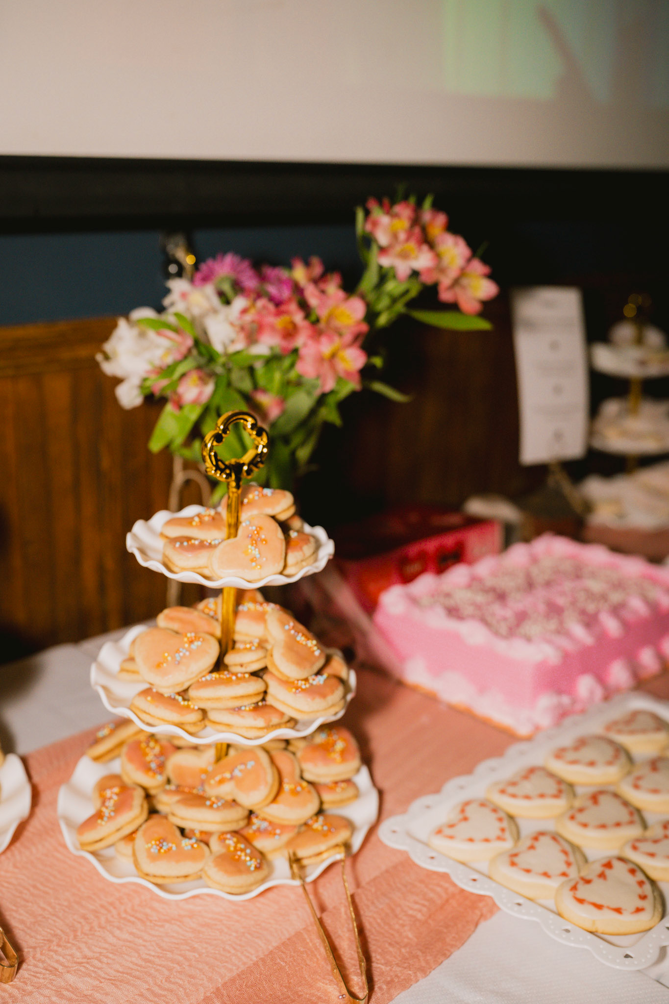 3-tiered tray of heart shaped cookies