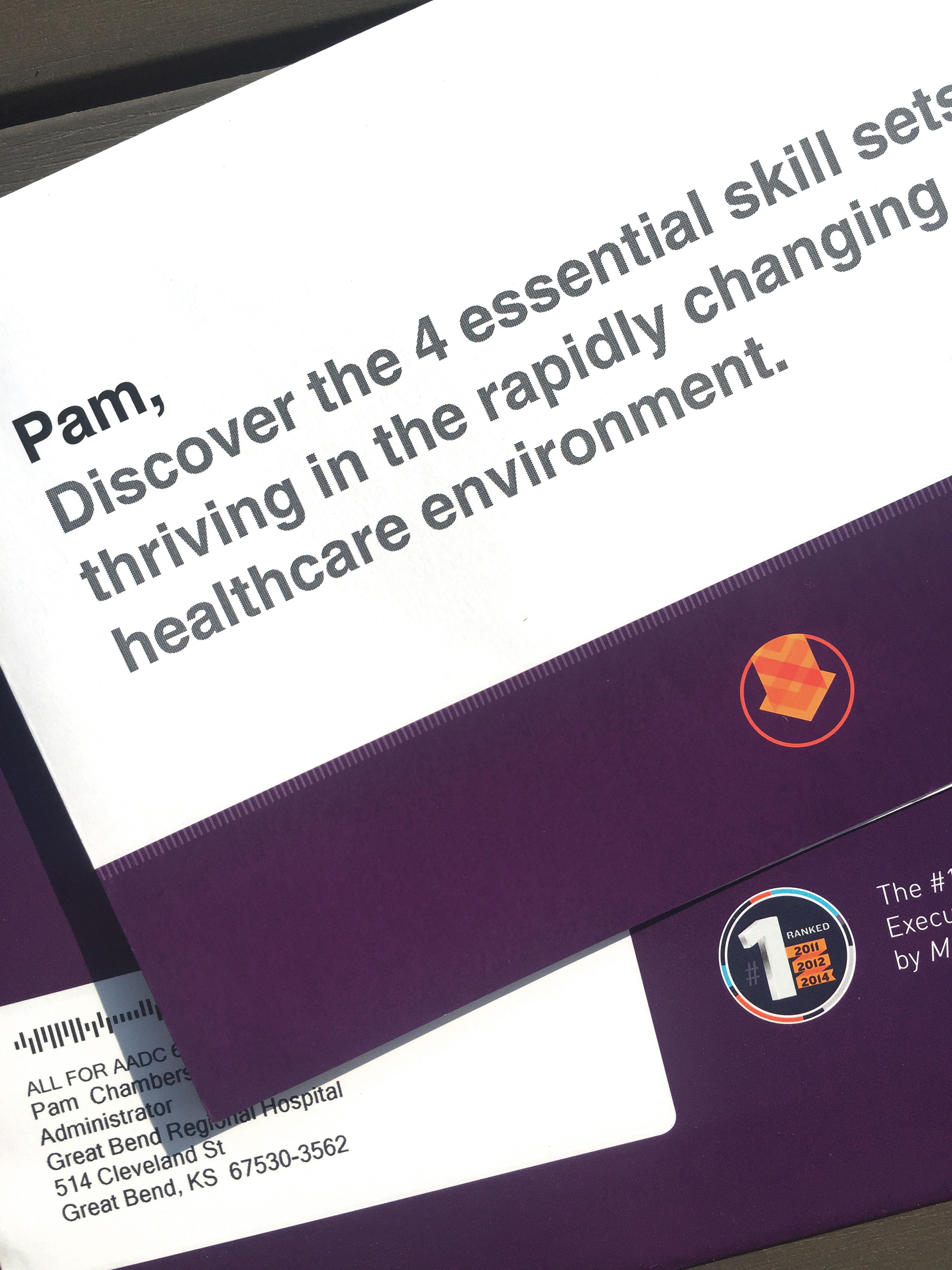 Close-up of address panel for B.E. Smith direct response mailer promoting Soft Skills for Healthcare Leaders including number 1 ranked logo