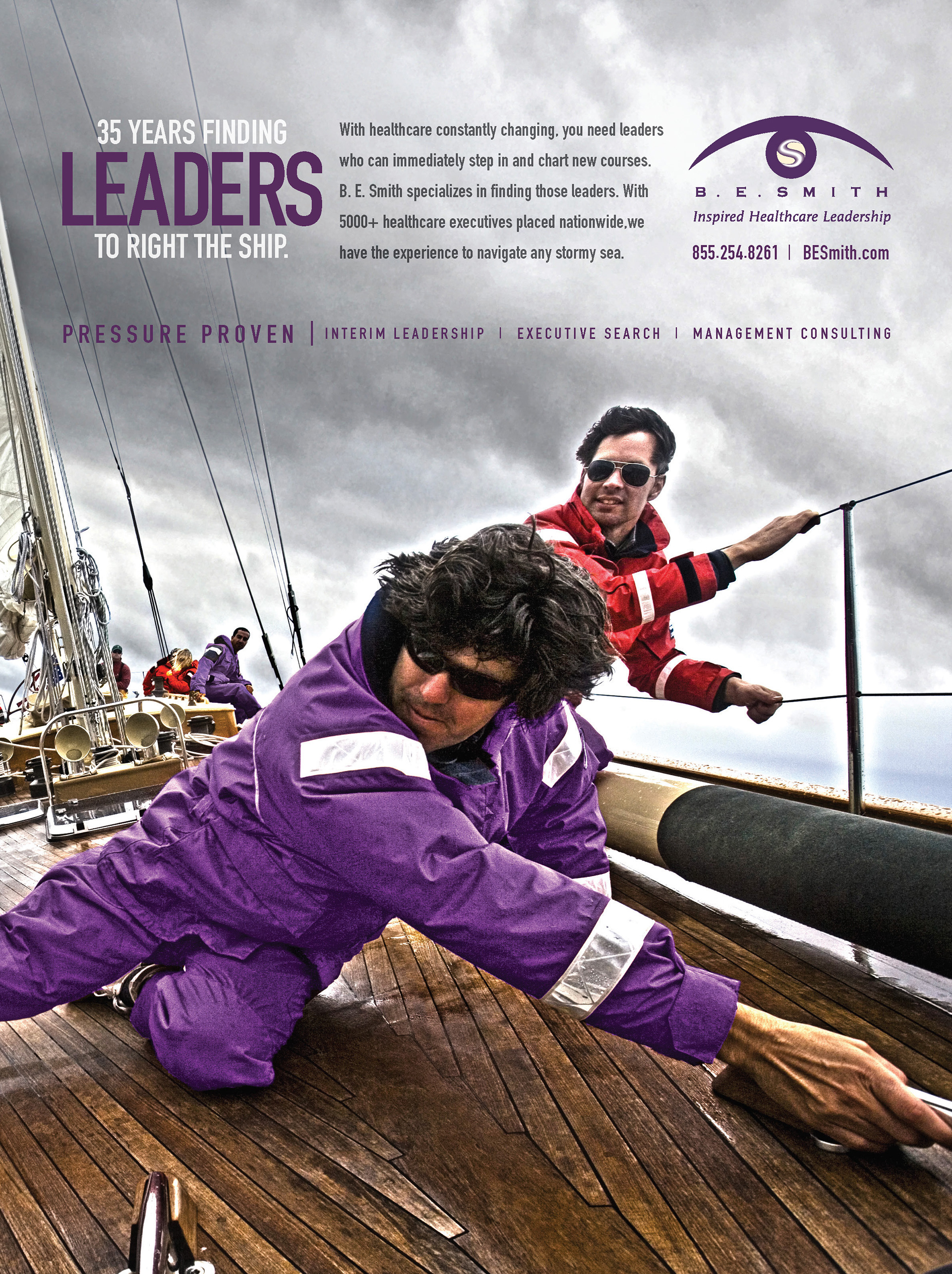 35 Years Finding Leaders to Right the Ship full page print ad showing uniformed sailors navigating rough seas on boat deck promoting B.E. Smith pressure-proven executive search by Muller Bressler Brown with Eric Schotland