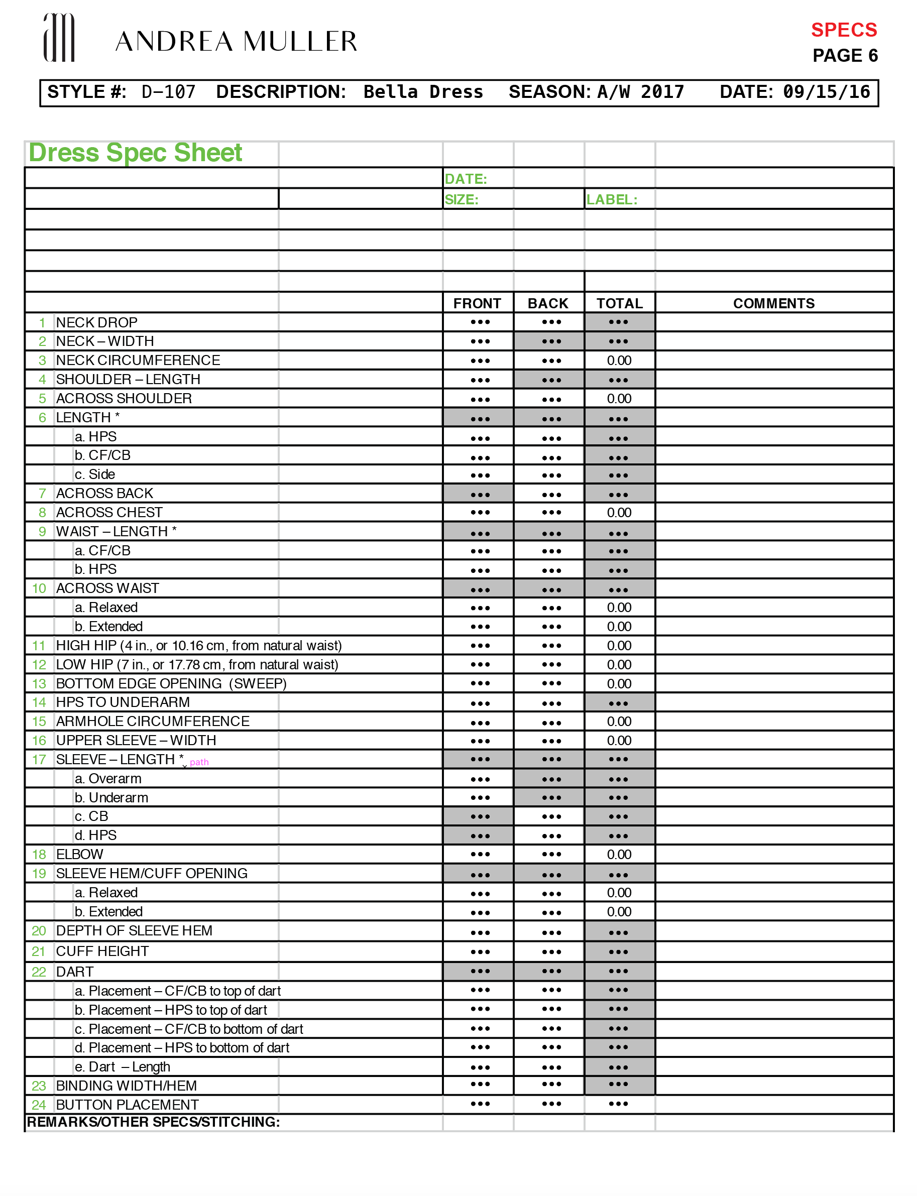 Bella Dress TP Specs