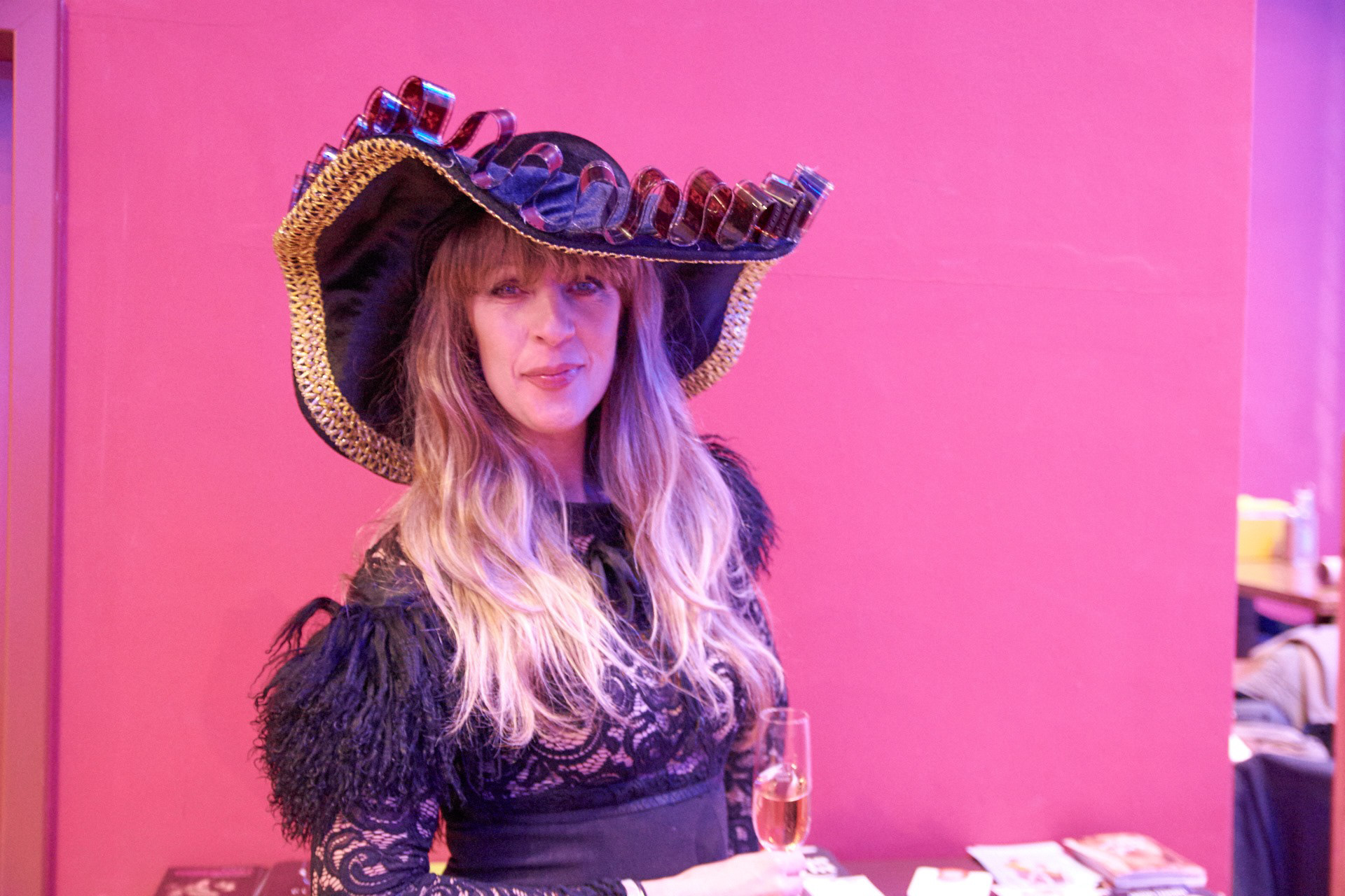Andrea Muller with her Festival custom hat she created at 41. FILMFESTIVAL MAX OPHÜLS PREIS Photos Andrew Wakeford