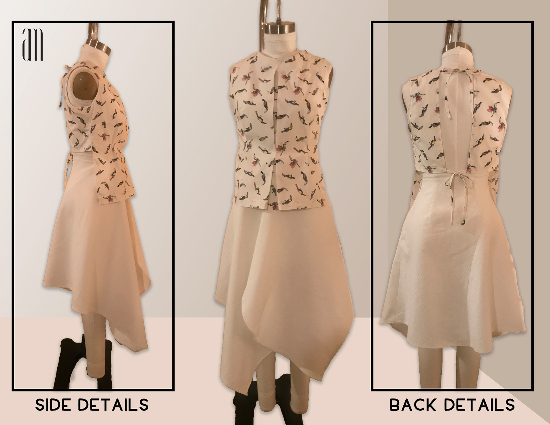 Architecturally inspired top with skirt.