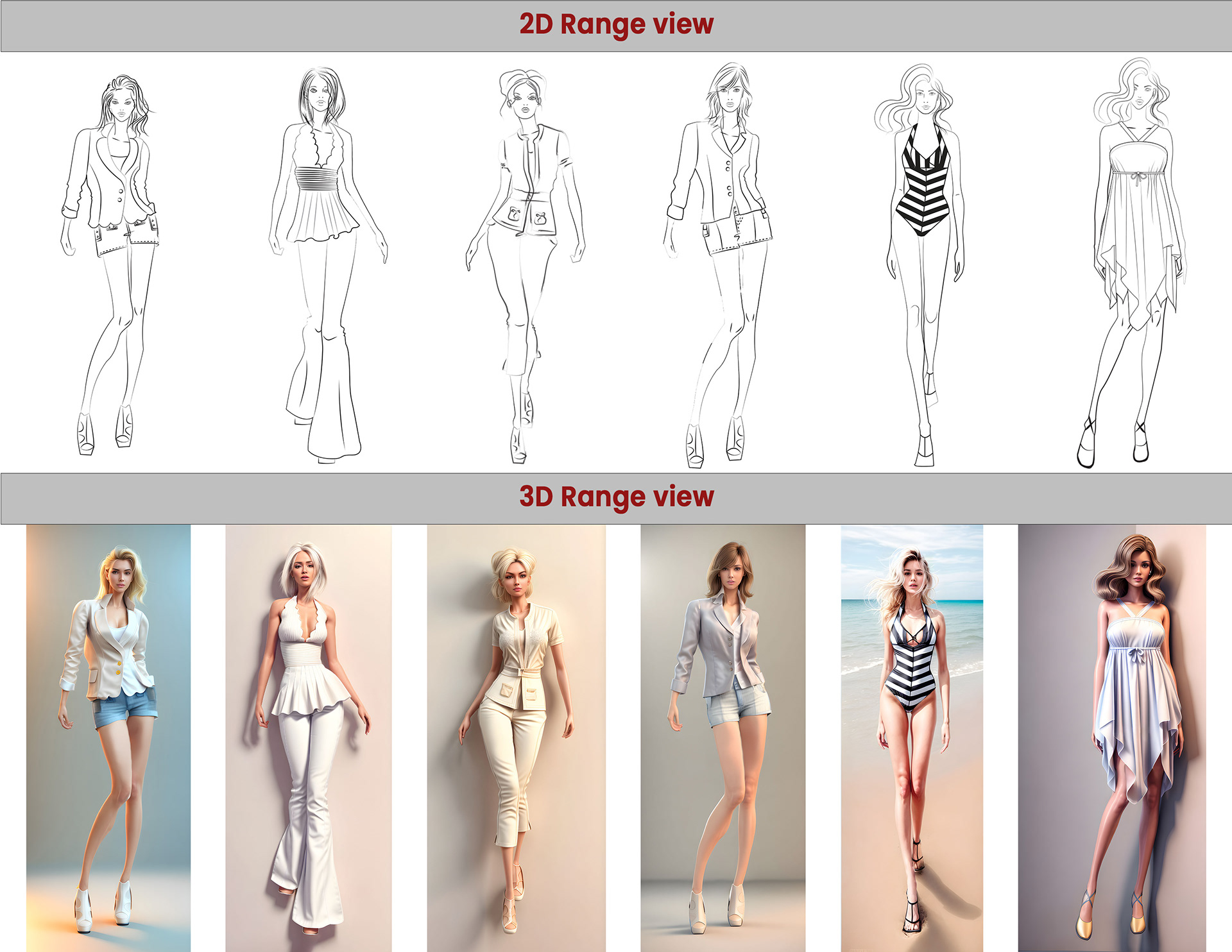 Advanced AI technology enables the visualization of women's wear garments, starting from initial hand sketches and culminating in fully-realized 3D models.