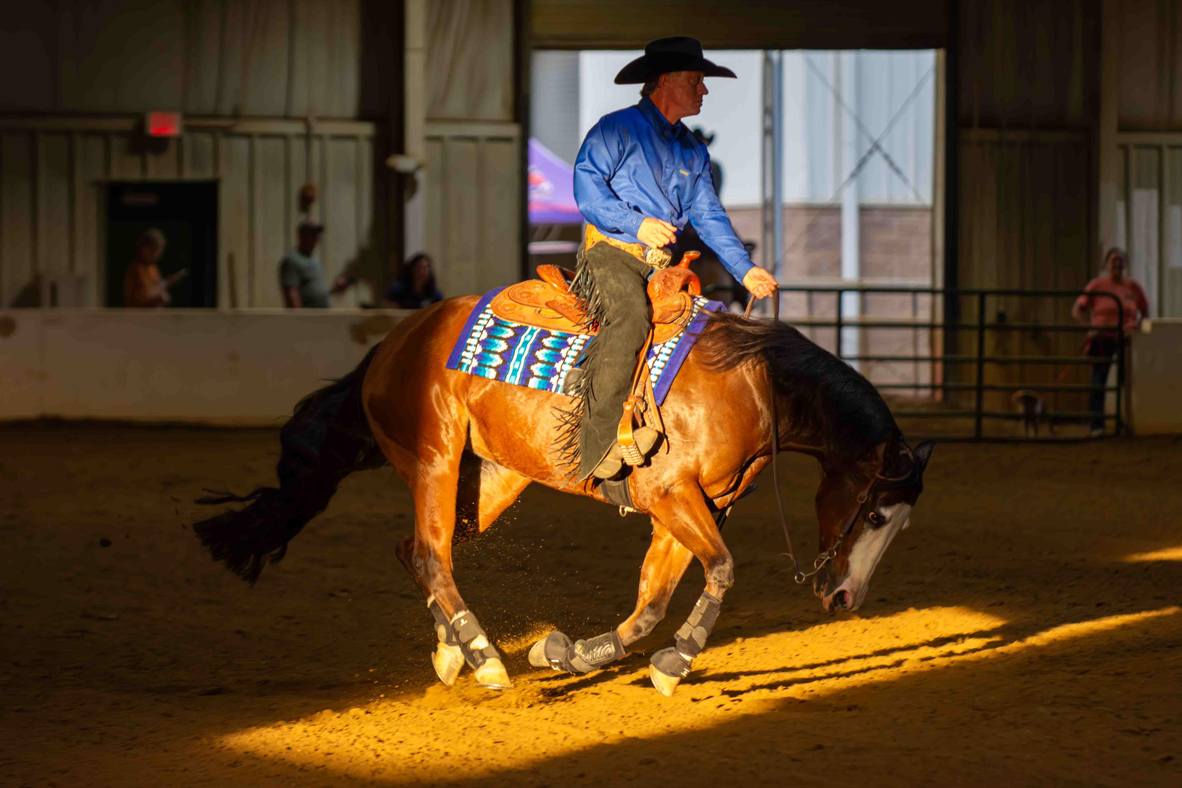 Power and Grit. A cowboy executes a sliding stop in a beam of natural arena light. Why it’s captivating: * Technically: Freezing the explosion of dirt and dust requires precise timing and a very fast shutter. The camera's autofocus successfully tracked the horse through a cloud of debris, which is a testament to the photographer's skill in chaotic environments.. The lighting is the star here. The 'Chiaroscuro' effect—the dramatic contrast between the dark background and the horse illuminated by a single shaft of light—gives the photo the feel of a classical Renaissance painting rather than a standard sports snap..