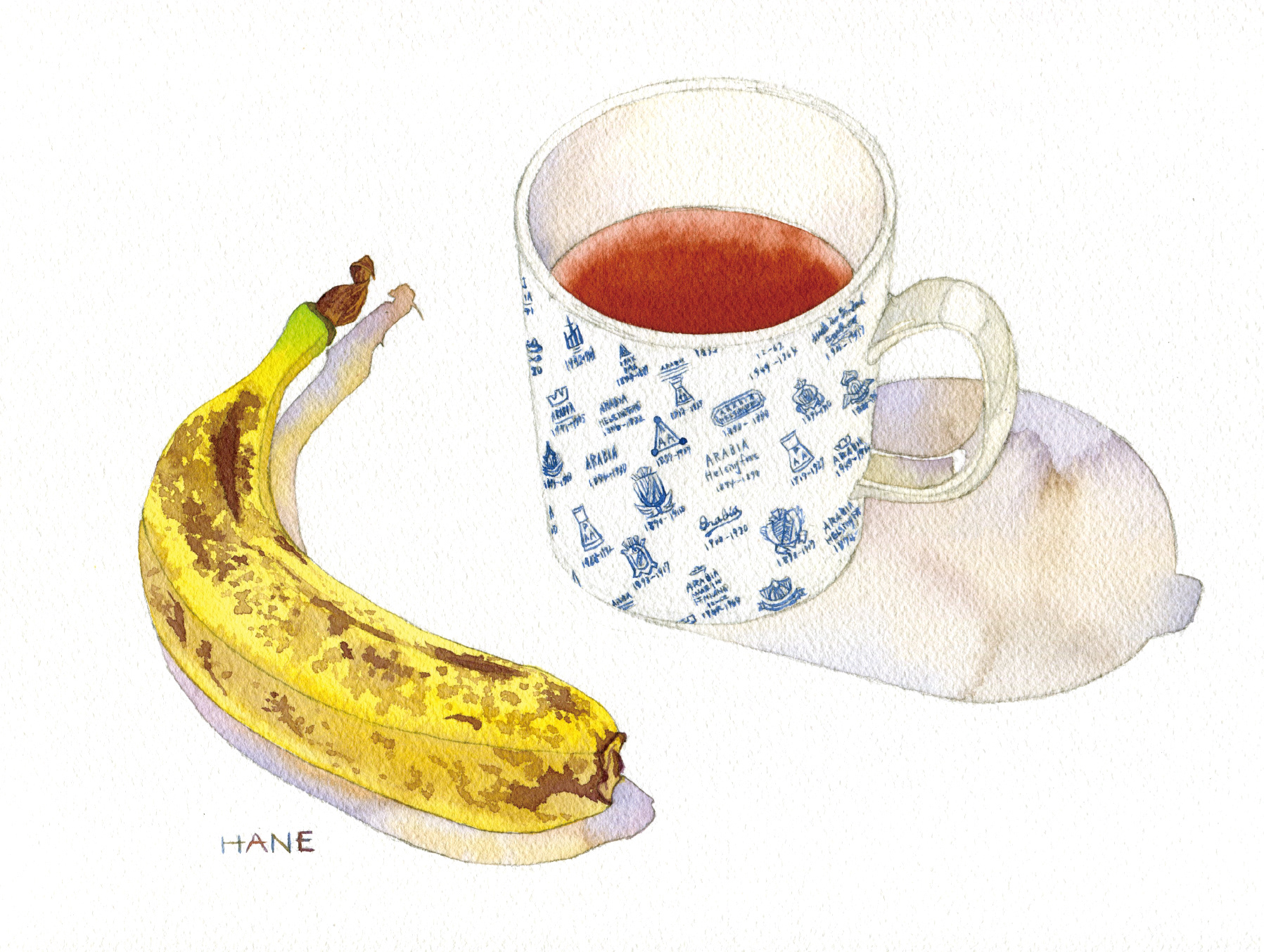 バナナと紅茶 Banana & tea W&N watercolor & pencil on Arches paper 227㎜×305㎜ 2020