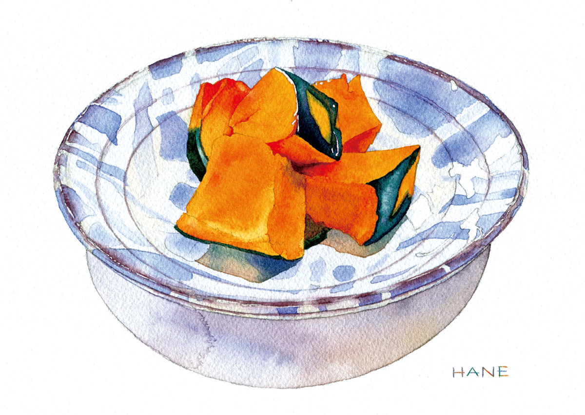 かぼちゃの煮物 The pumpkin boiled dishes  W&N watercolor & pencil on Arches paper 185㎜×250㎜ 2020
