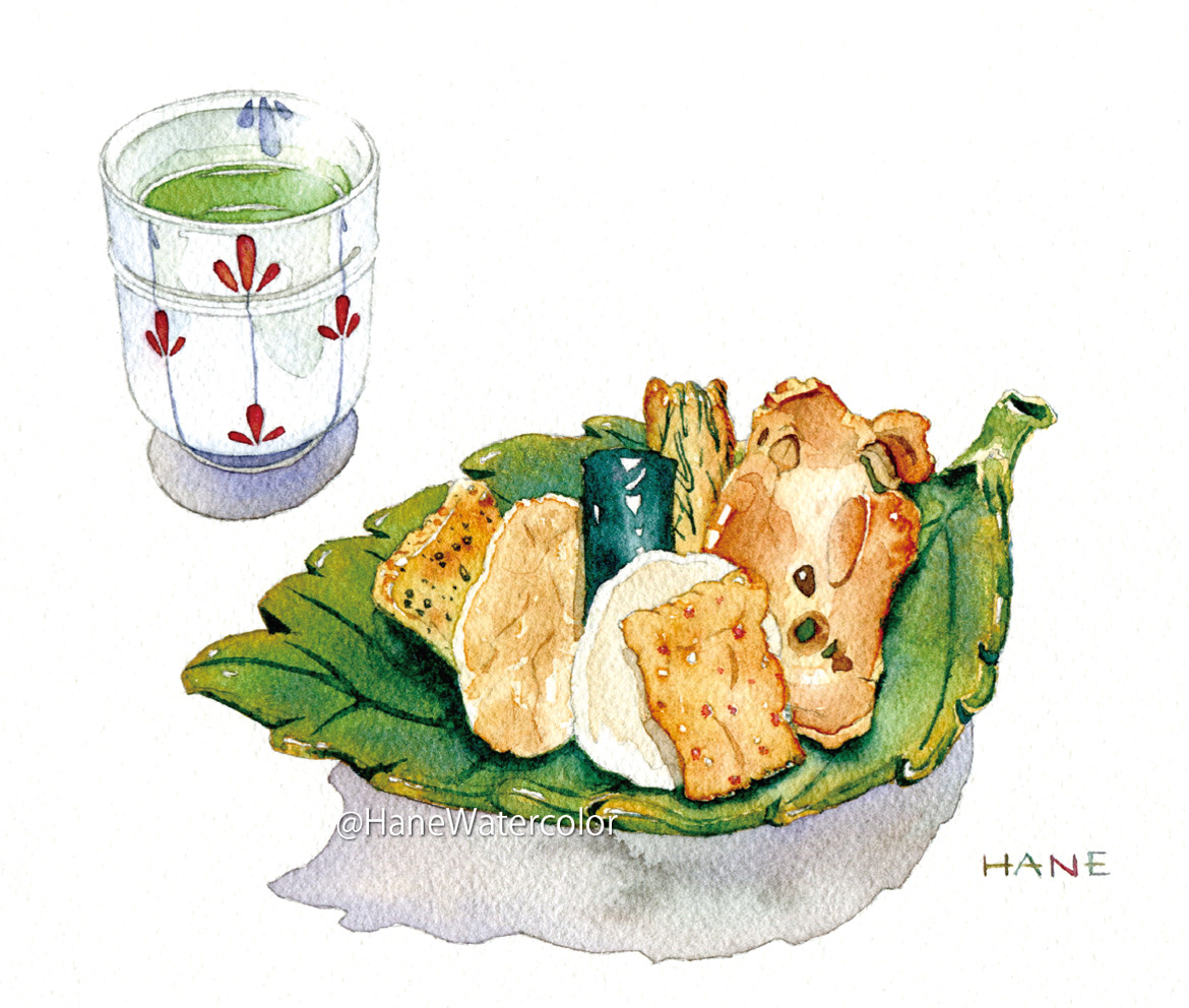 おかき Okaki (Japanese snack made using glutinous rice) W&N watercolor & pencil on Arches paper 170㎜×220㎜ 2020