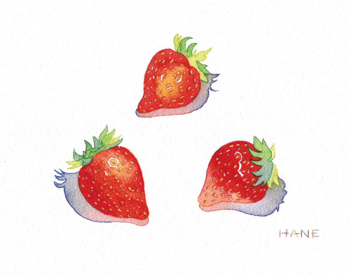 いちごちゃん Three strawberries W&N watercolor & STAEDTLER Aquarellpencil on Arches paper 165㎜×115㎜ 2020