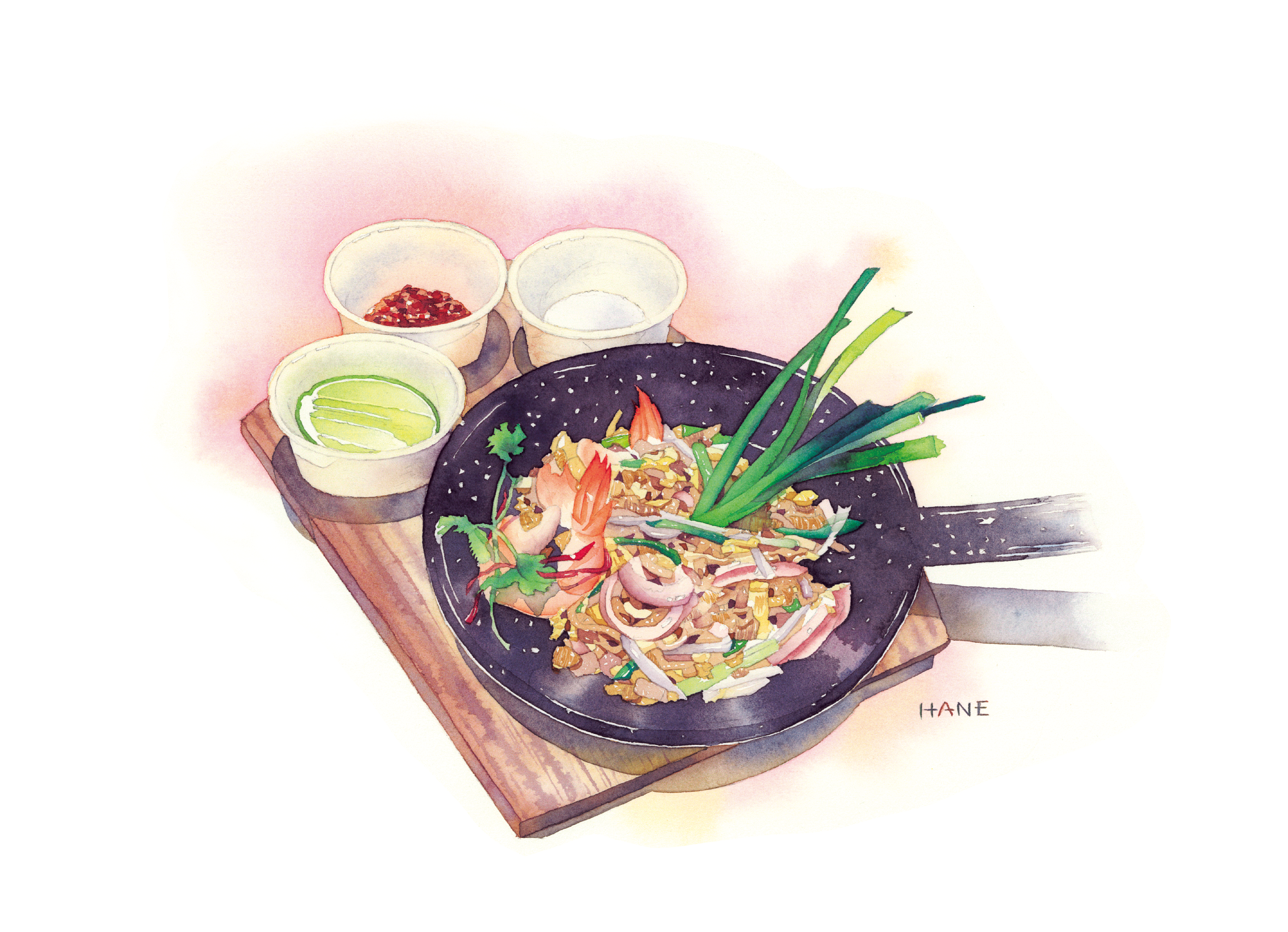 シーフードパッタイ Phad Thai with seafood watercolor & pencil on Arches paper 270㎜×320㎜ 2024