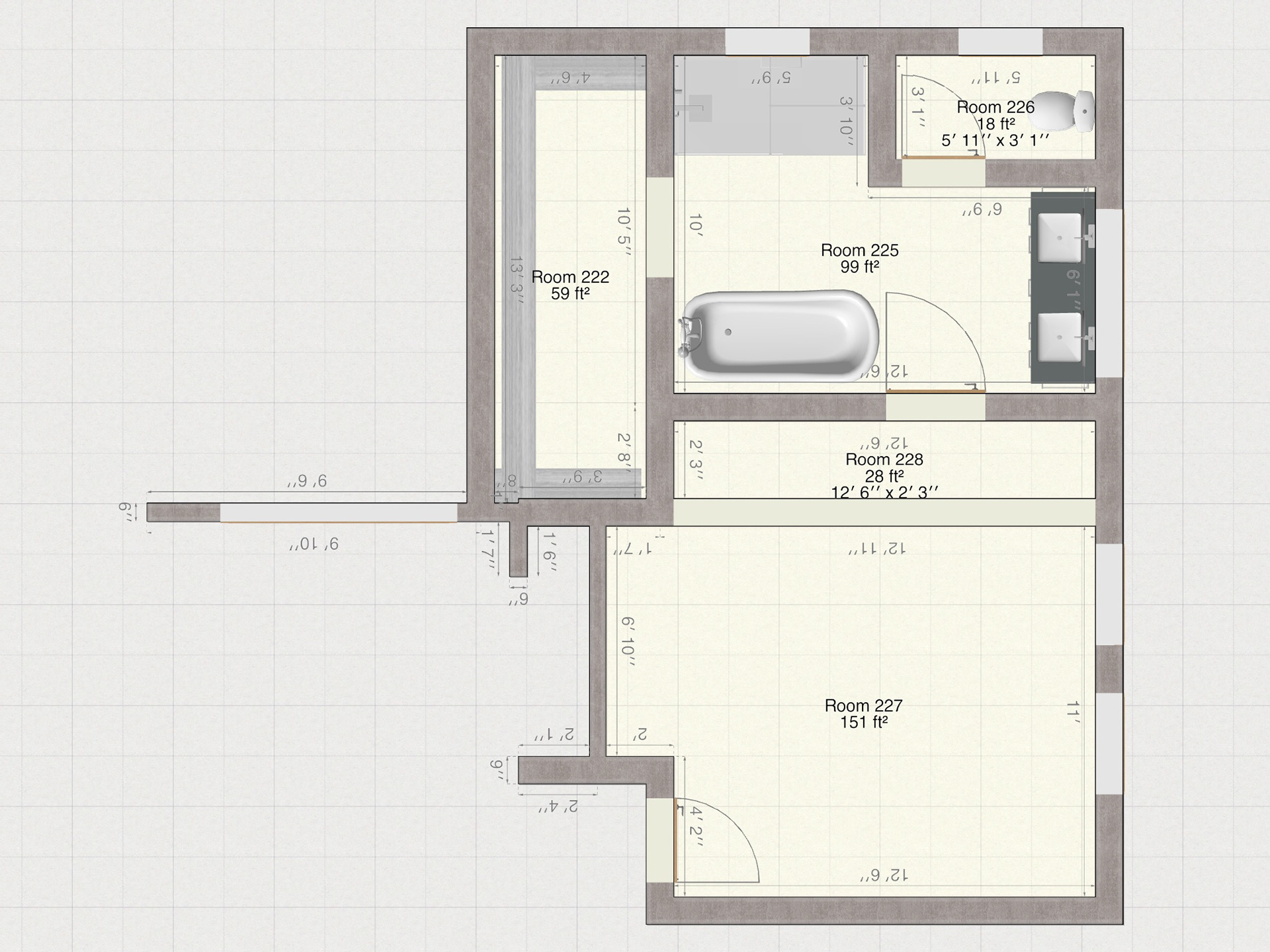 Closer look at the added space and the overall bathroom and closet layouts