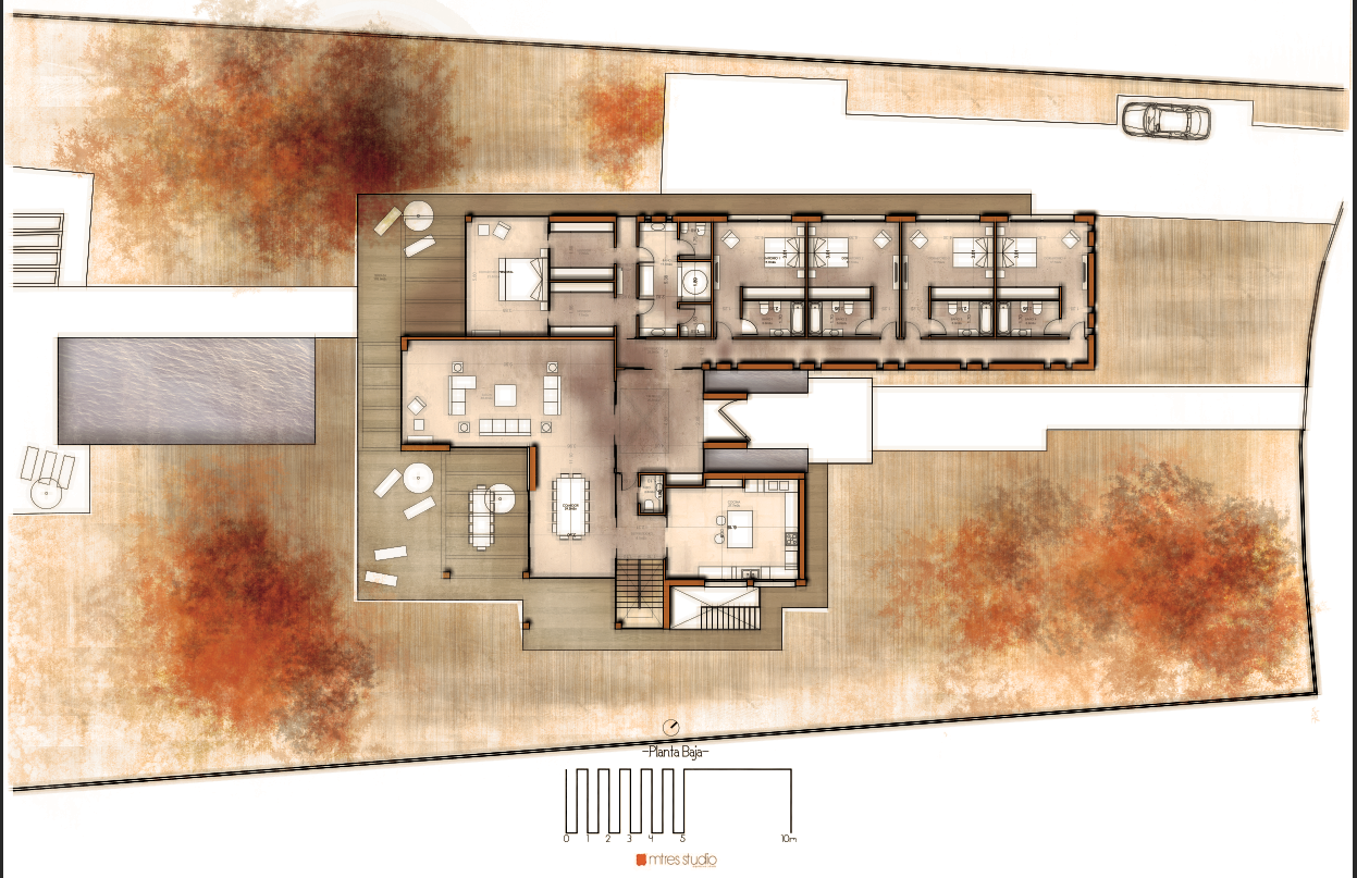 The goal was to bring the floor plan and site plan to life utilizing gradients, imported floor patterns, drop shadows and opacity. Special emphasis was placed on displaying natural light exposure from the Sun and how it will interact with the interior and exterior spaces.