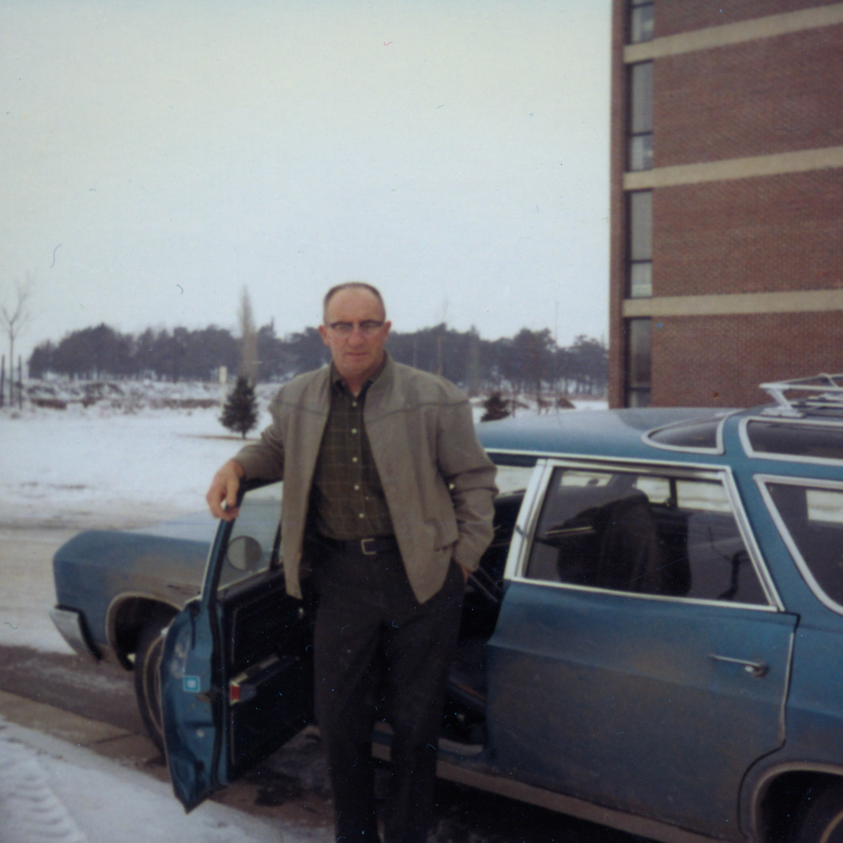 "Dad drove down to Chicago to visit John - March '72 - Weather terribly bad - new car, can't tell!"