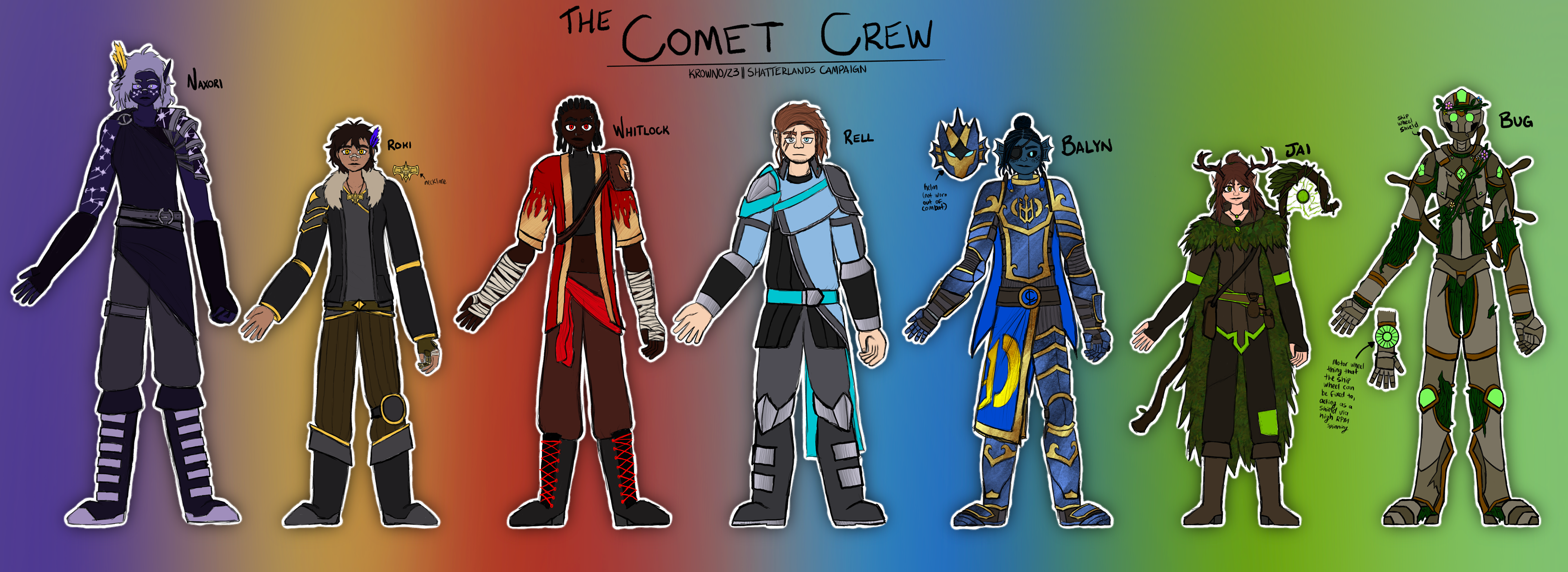 The Comet Crew, a pirate crew for my Dungeons and Dragons campaign! (Procreate, 2023)