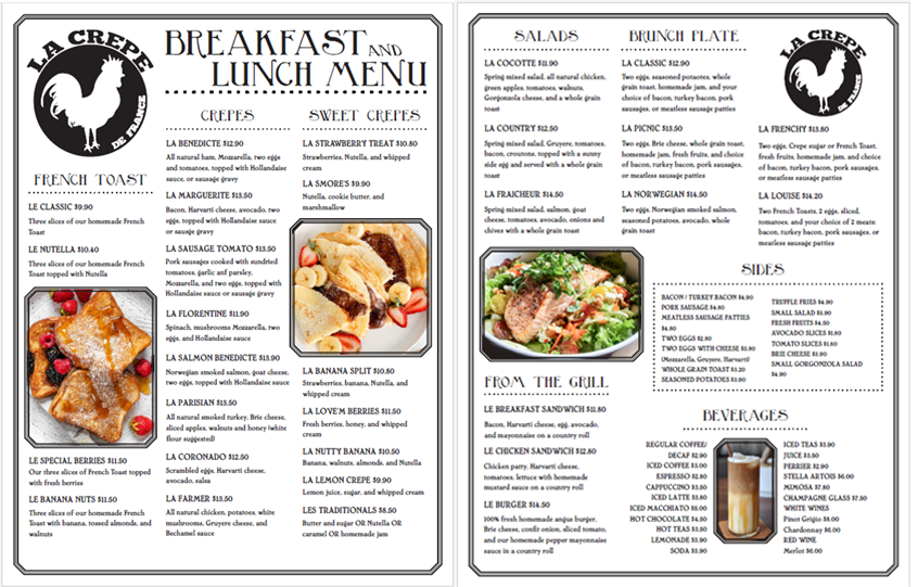 Menu redesign for La Crepe De France