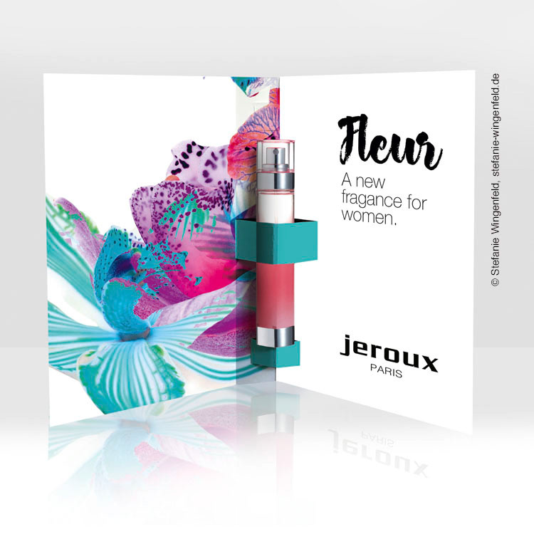 Gestaltung, Grafikdesign Parfümprobe Verpackung, Vial Sample Parfum mit dynamischem Keyvisual in den Farben lila, pink, türkis, Abbilung inkl. Parfumname und Logo, Spiegelung auf weißem Untergrund