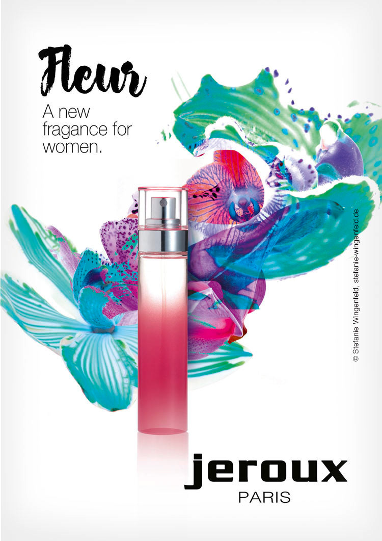 Anzeige für ein neues Parfum: Abbildung: Parfum-Flakon vor dynamischen, farbfrohem Keyvisual in den Farben lila, pink, türkis, Headline „Fleur“ in Schreibschrift, Logo rechts unten