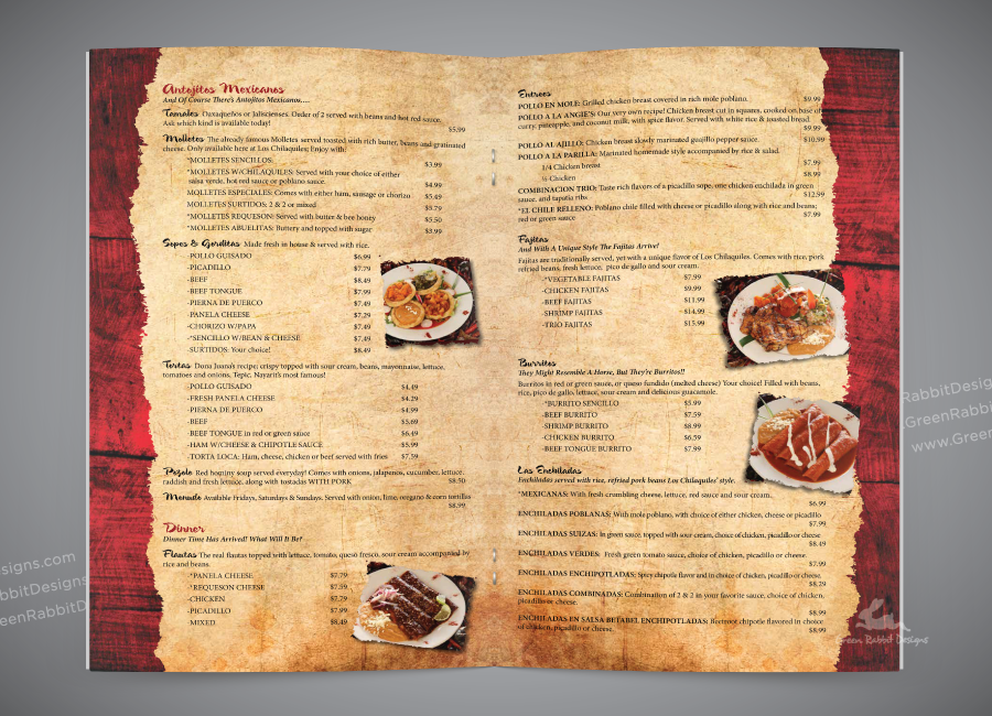 Dining Menu for Rustic Mexican Restaurant