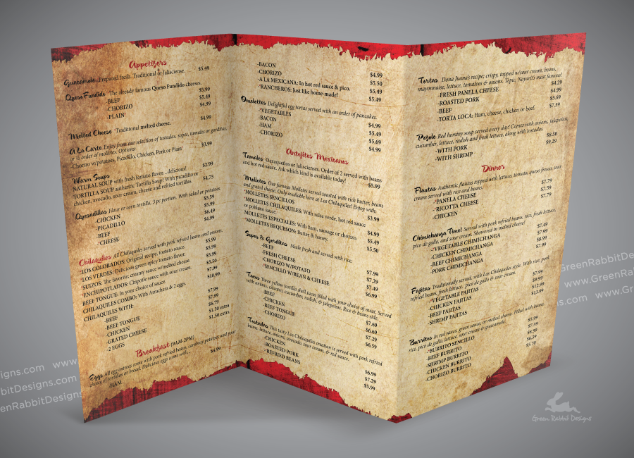 Takeout Menu for Rustic Mexican Restaurant
