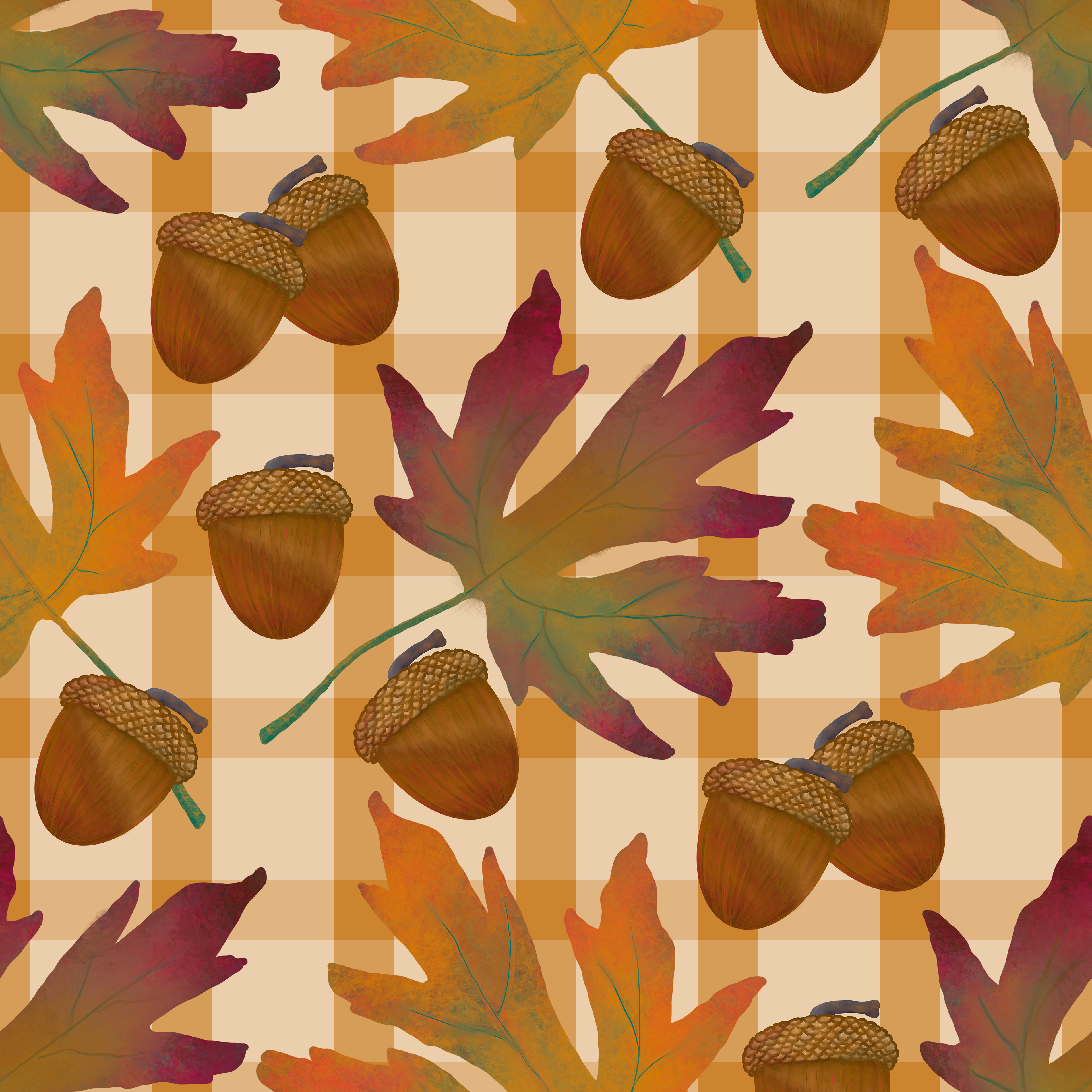 CRD00057 Fall Leaves Sundial Gingham Plaid Pattern by Claudia Roberts | CR Pattern Designs © All Rights Reserved