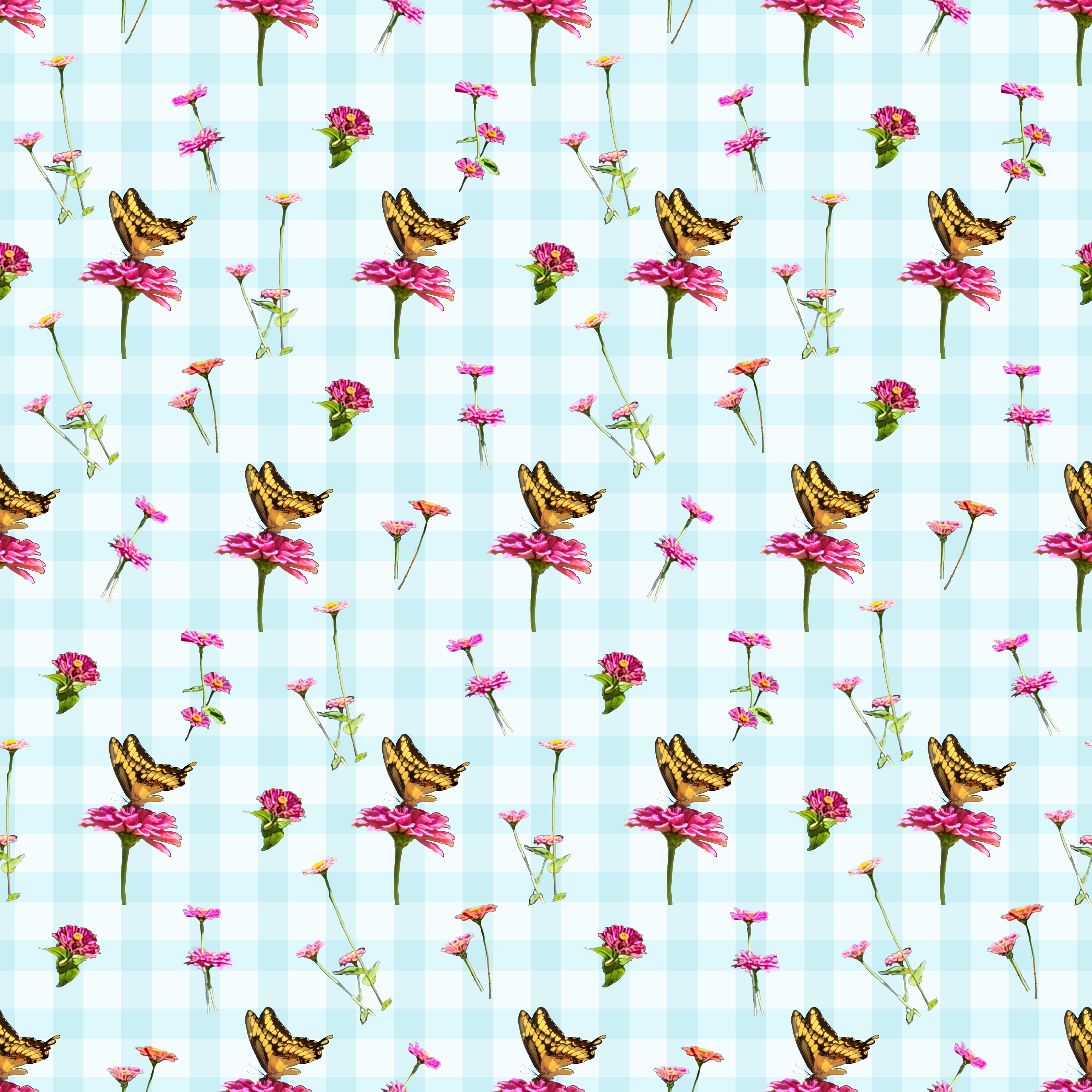 CRD00086 Swallowtail Butterfly Zinnia Garden on Light Teal Gingham by Claudia Roberts | CR Pattern Designs © All Rights Reserved