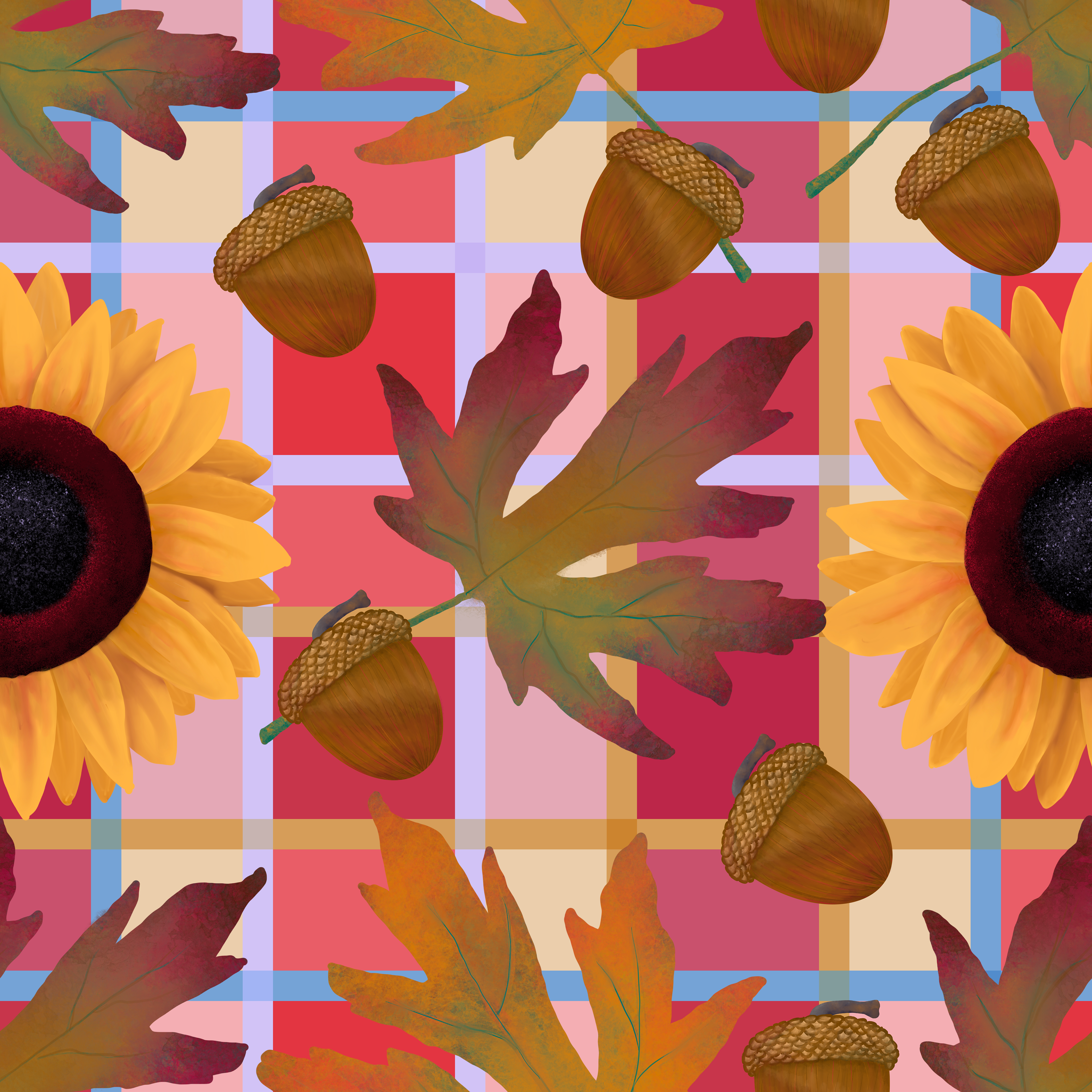 CRD00046 Sunflowers Fall Leaves Acorns Fall Plaid Pattern by Claudia Roberts | CR Pattern Designs © All Rights Reserved