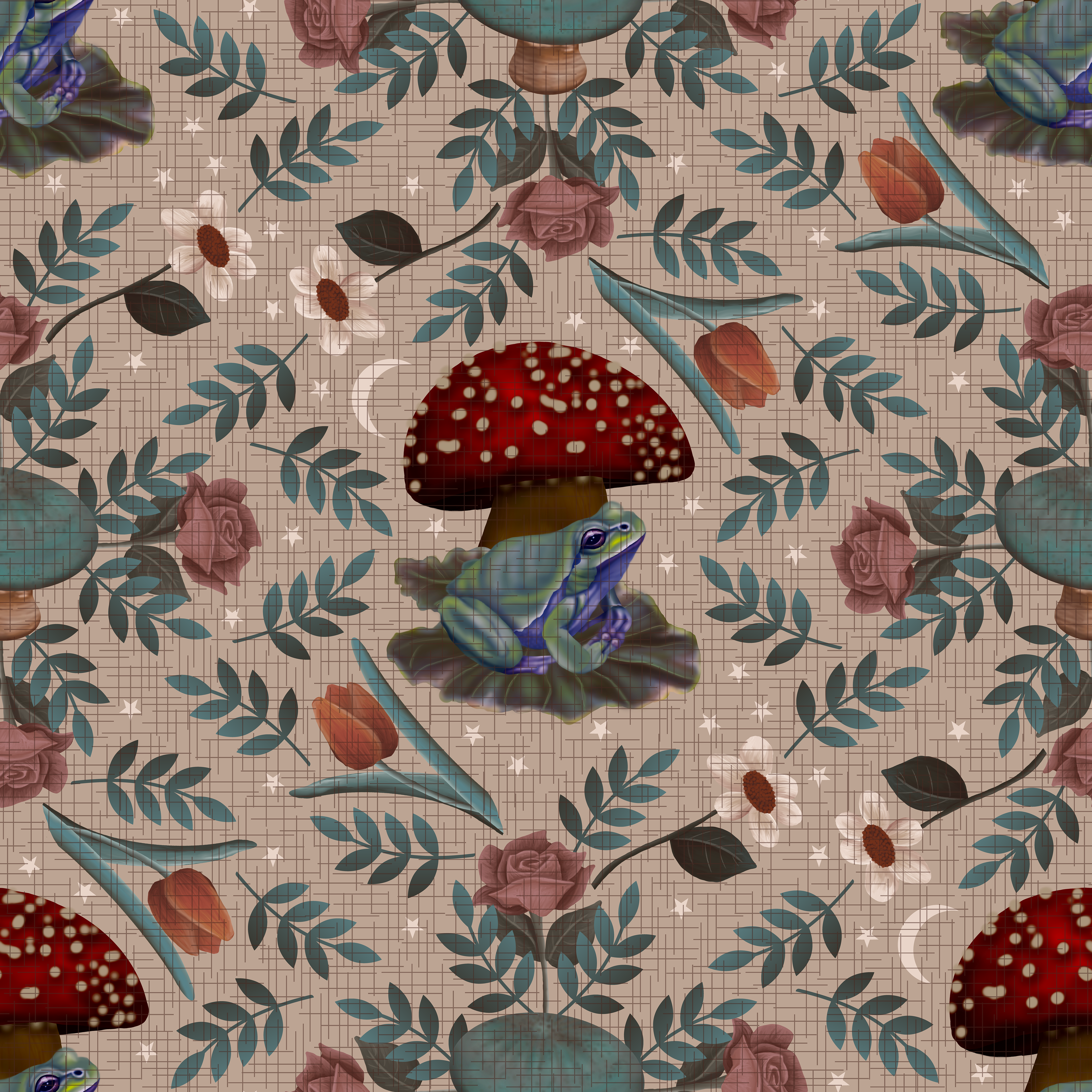CRD00193 Cottagecore Mushrooms and Frog Light Background Background by Claudia Roberts | CR Pattern Designs © All Rights Reserved