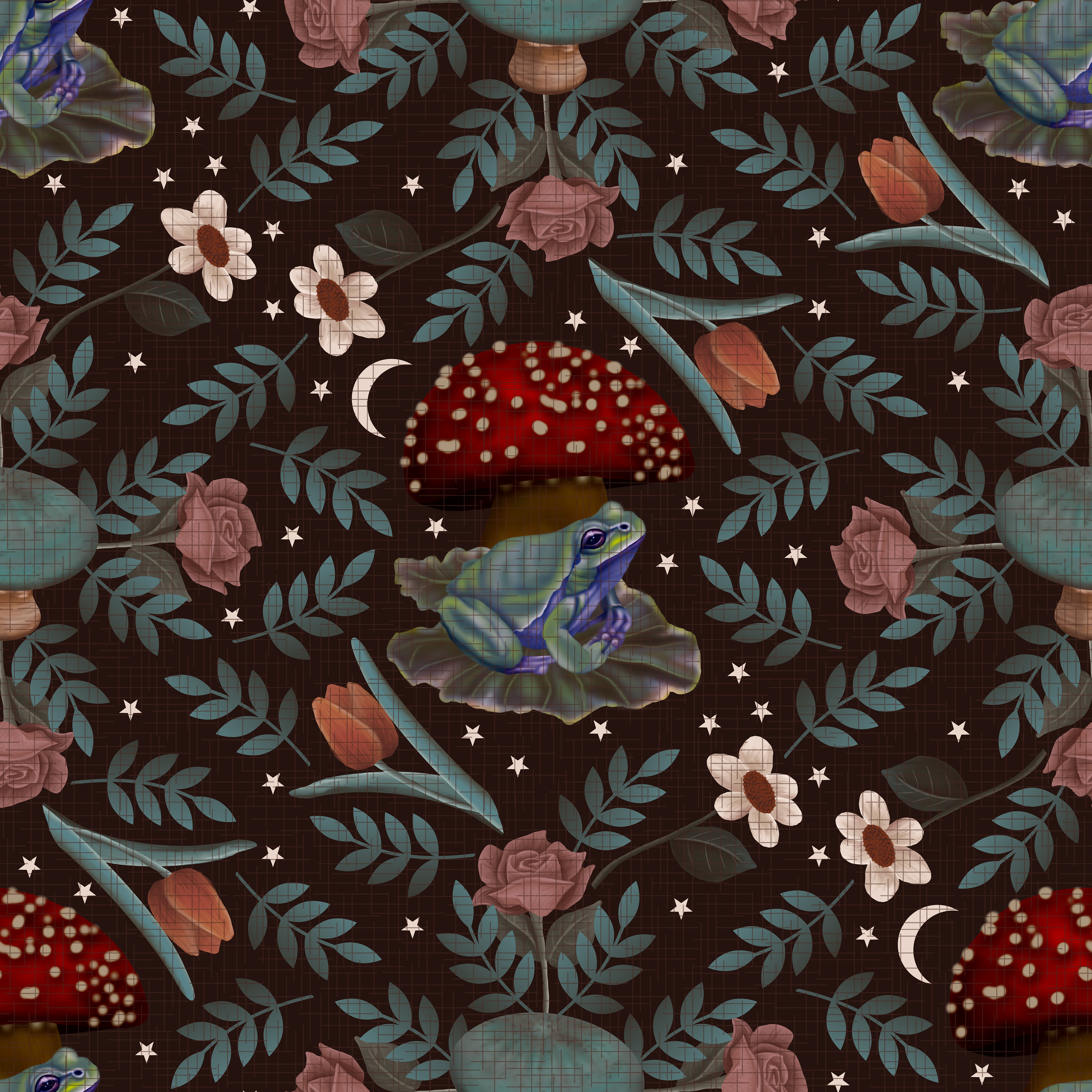 CRD00192 Cottagecore Mushrooms and Frog Dark Background by Claudia Roberts | CR Pattern Designs © All Rights Reserved