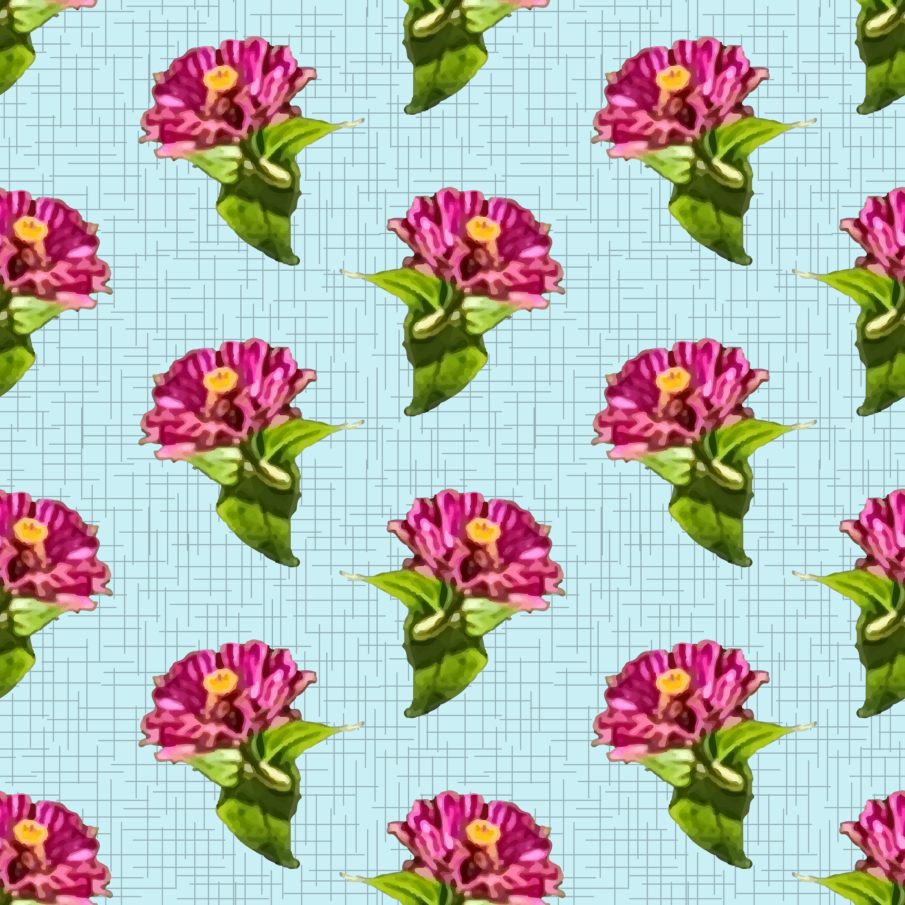 CRD00107 Hot Pink Zinnias on Light Teal Blue Crosshatch by Claudia Roberts | CR Pattern Designs © All Rights Reserved