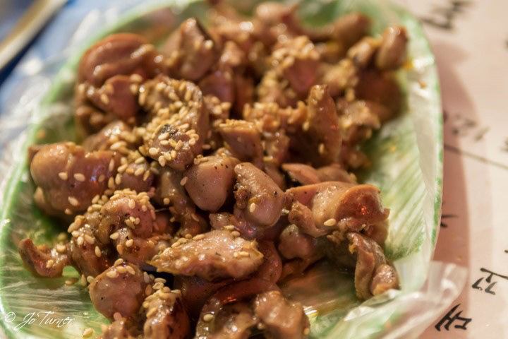 Chicken gizzards, a popular staple, at Mokpo House soju tent