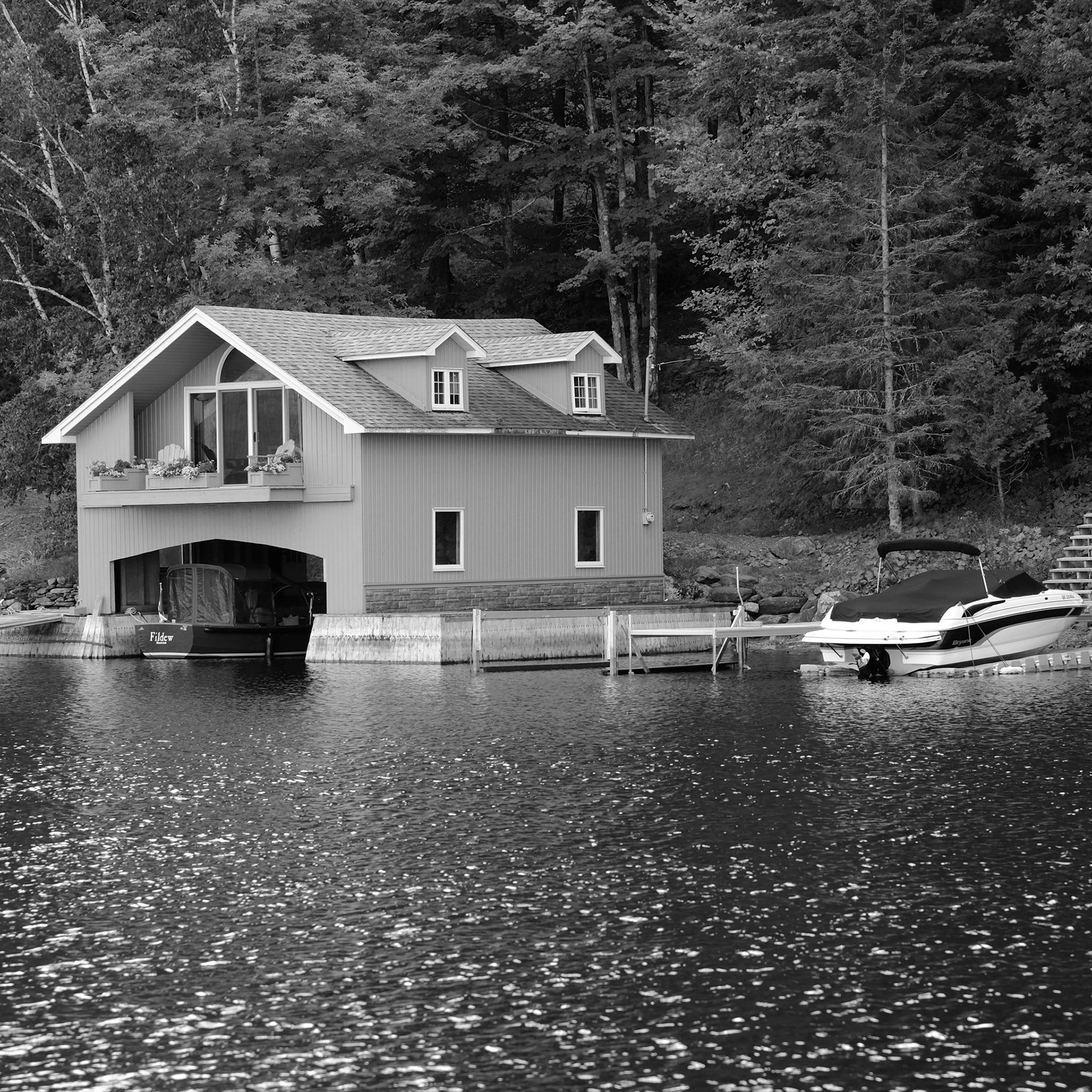 chalet, lac, noir et blanc