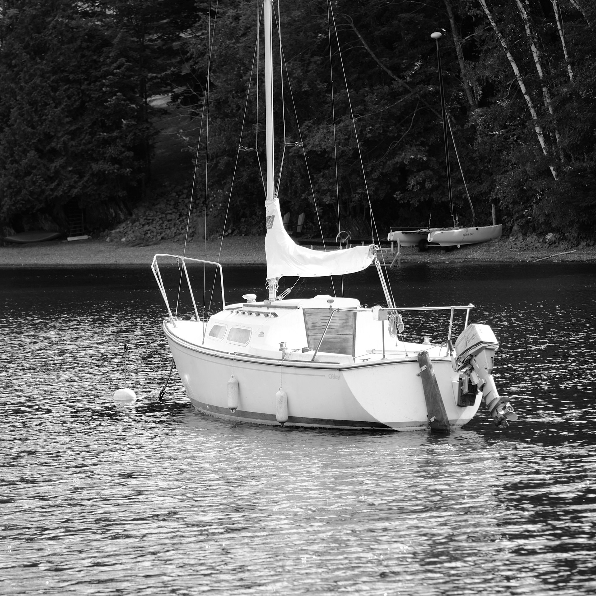 chalet, lac, noir et blanc