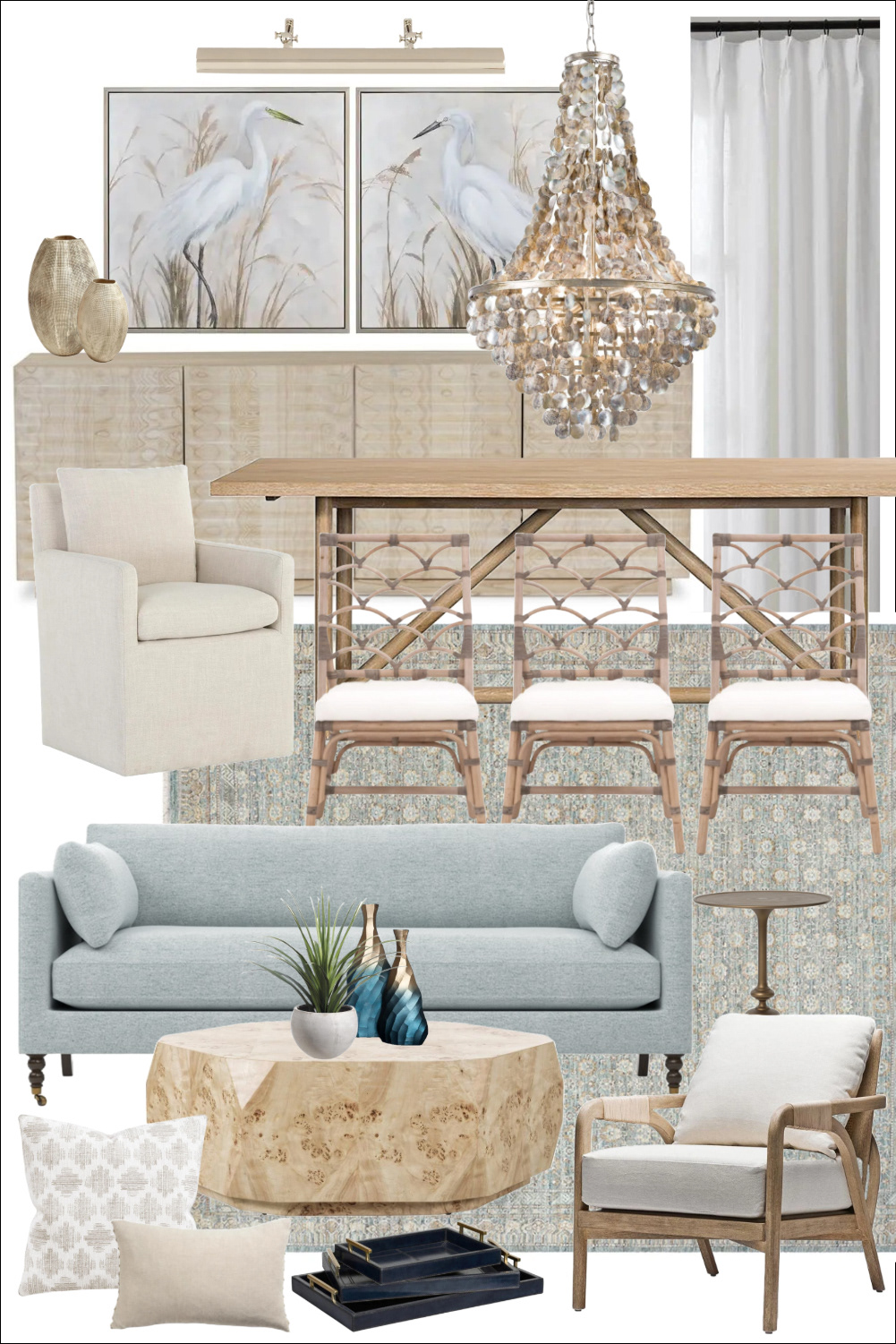 A conceptual interior design mood board for an Emerald Coast residence featuring a light wood dining table, woven rattan chairs, shell chandelier, seaglass blue sofa, and burl wood coffee table.