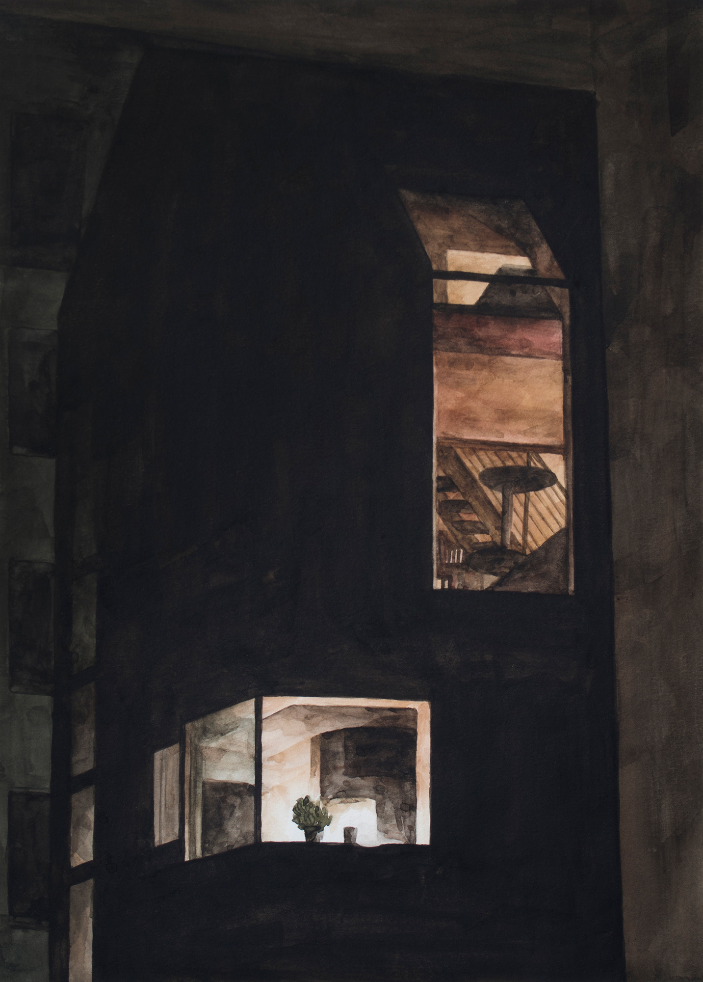 Two Windows, 2018, Watercolor on paper, 27.5 x 20 cm
