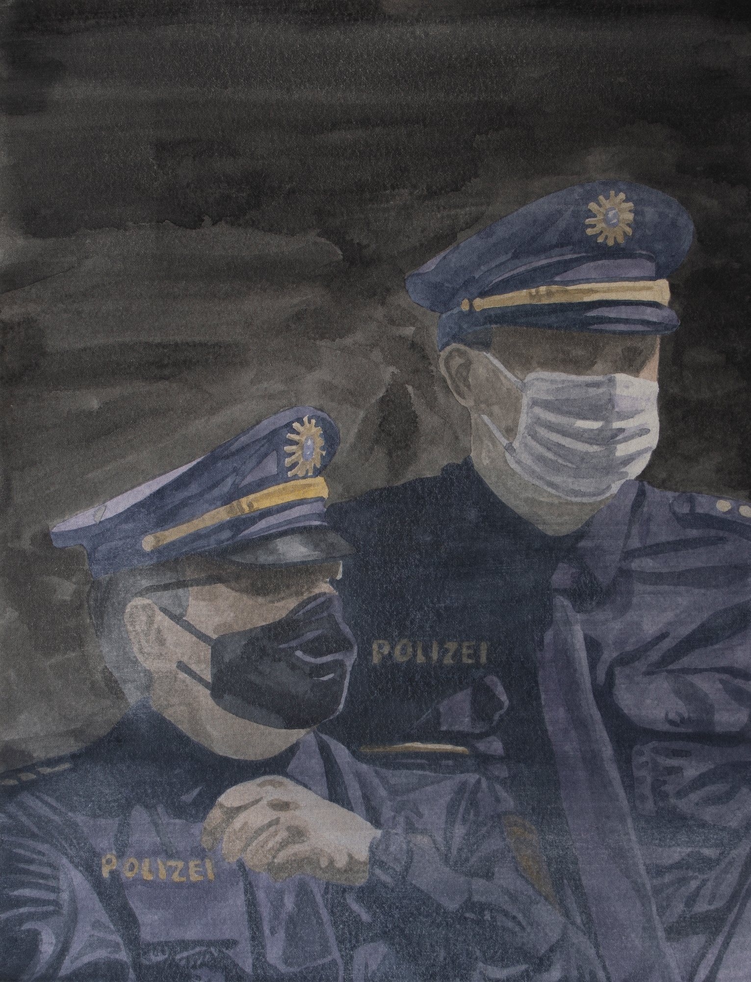 Policemen, 2020, Watercolor and gouache on paper, 28.5 x 22 cm