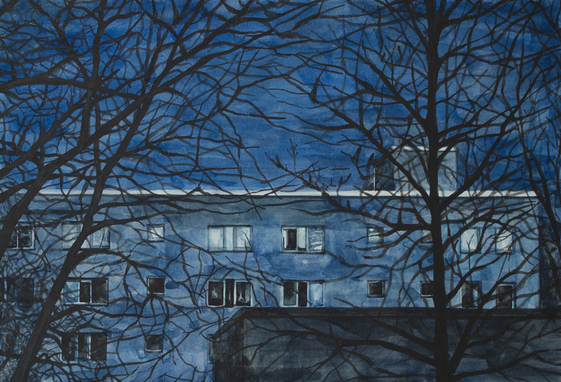 Blue Night, 2019, Watercolor on paper, 19 x 28 cm