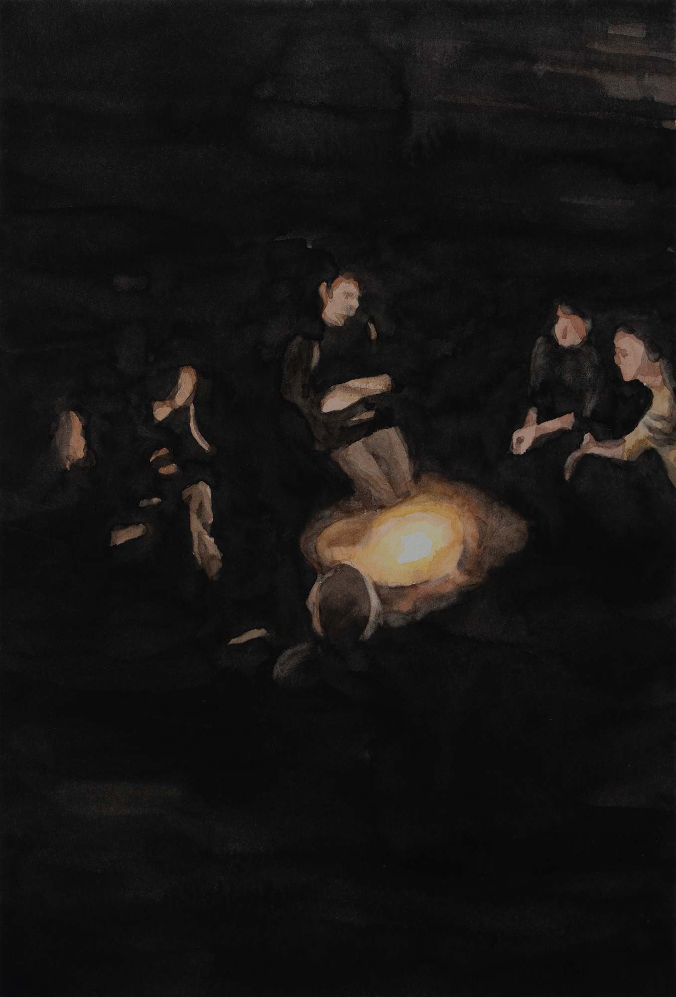 Around a Bonfire, 2020, Watercolor on paper, 19 x 13 cm