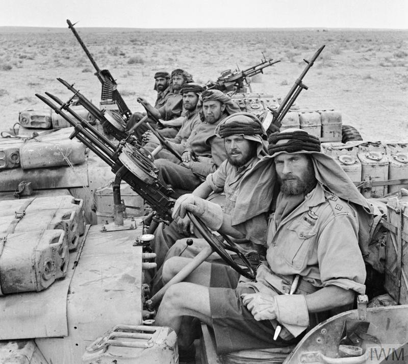 World War II - Long Range Desert Group - see the Sun Compass on dash-board of first vehicle