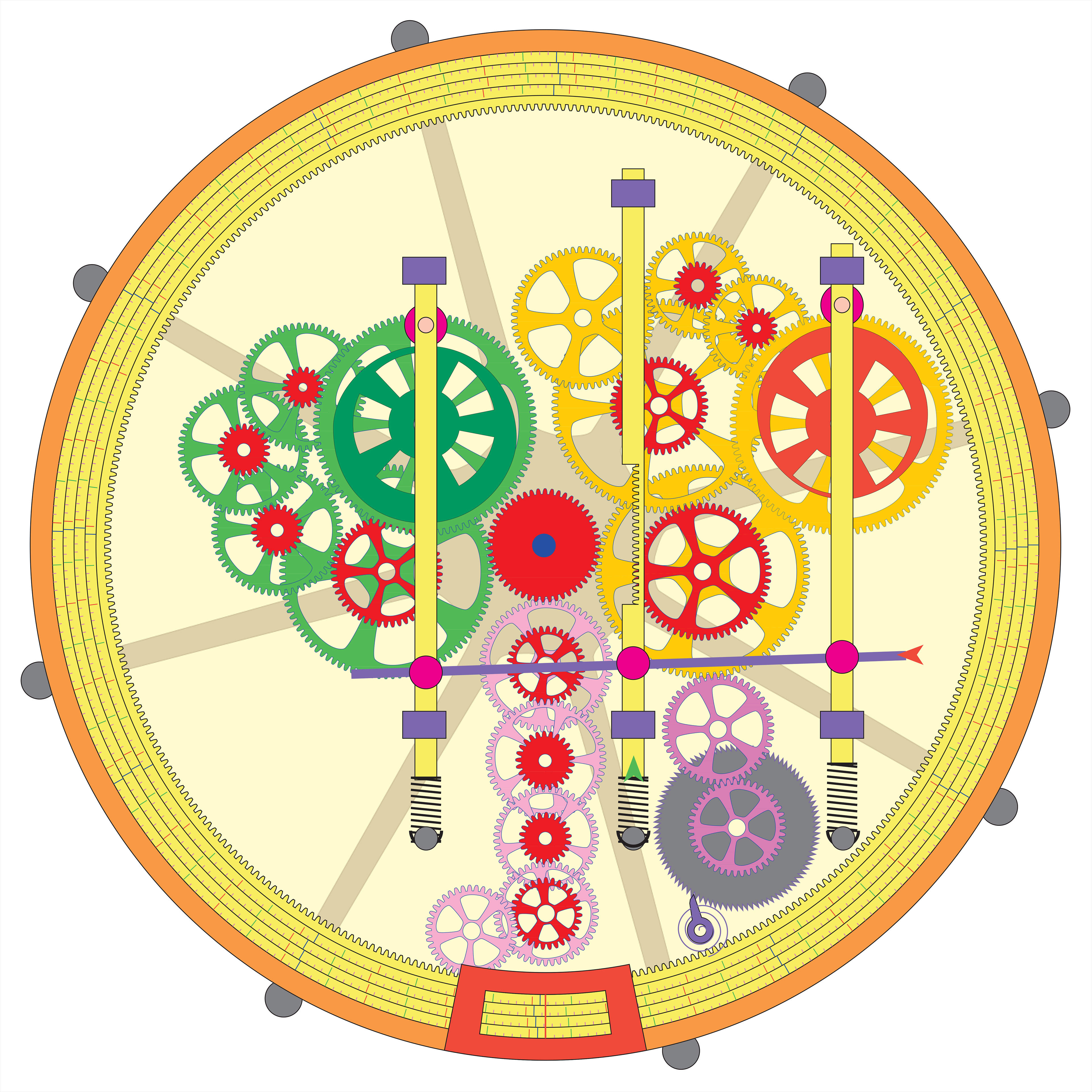 another of the author's unrealised designs. In this case the green cam is driven at once per anomalistic year, the red at twice per tropical year. The purple gears rotate the date setting ring at once per calendrical year