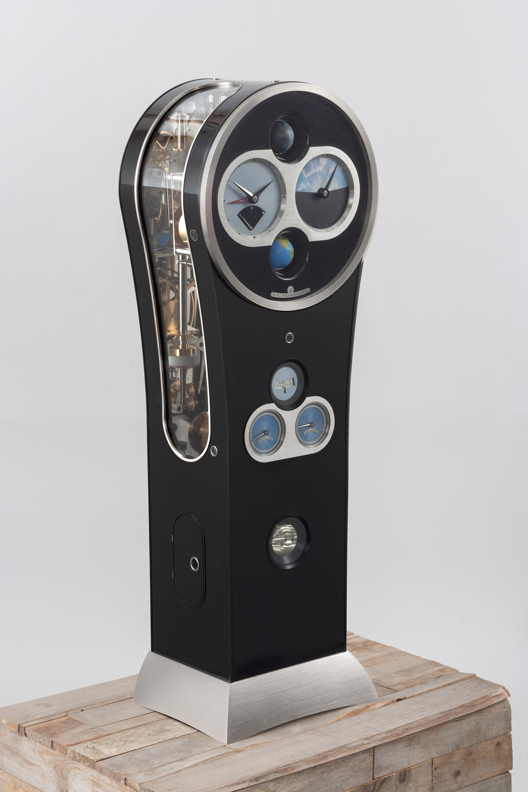 De Fossard Clock : Front view. The solar time/Sunrise & set dial is top right hand.