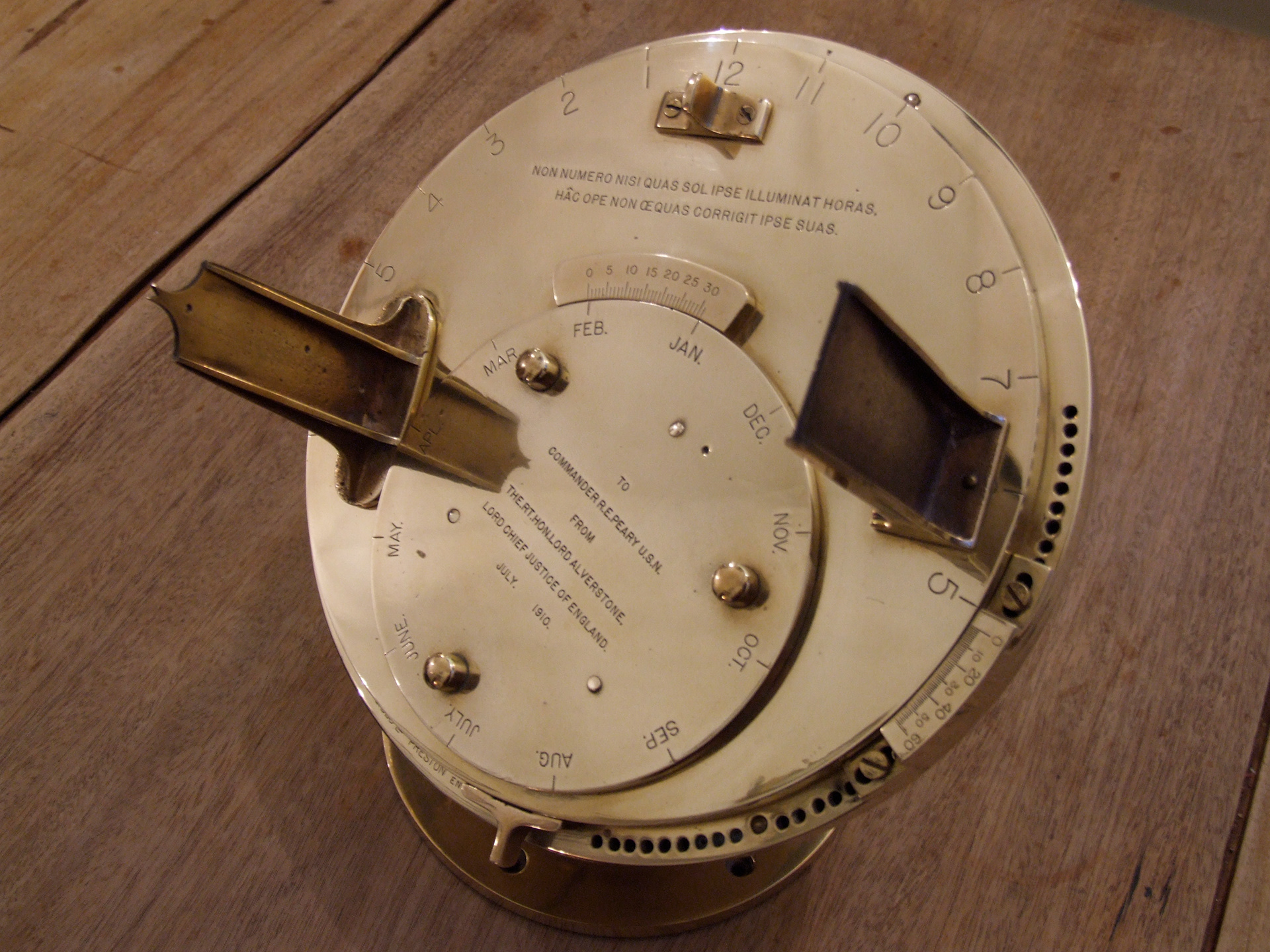 1910 Pilkington Gibbs Heliochronometer, originally given to Robert Peary by the Lord Chief Justice of England in recognition of the first expedition to the North Pole. Now owned by the author and still in mint condition 
