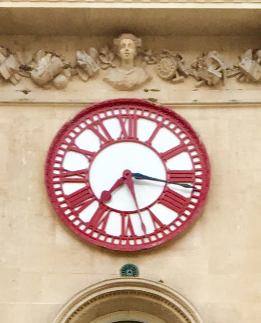 The Clock on the Corn Exchange in Bristol showing Bristol Mean Time (the Black Hand)  and Greenwich Mean Time. Many cities resented the introduction of National Mean Time