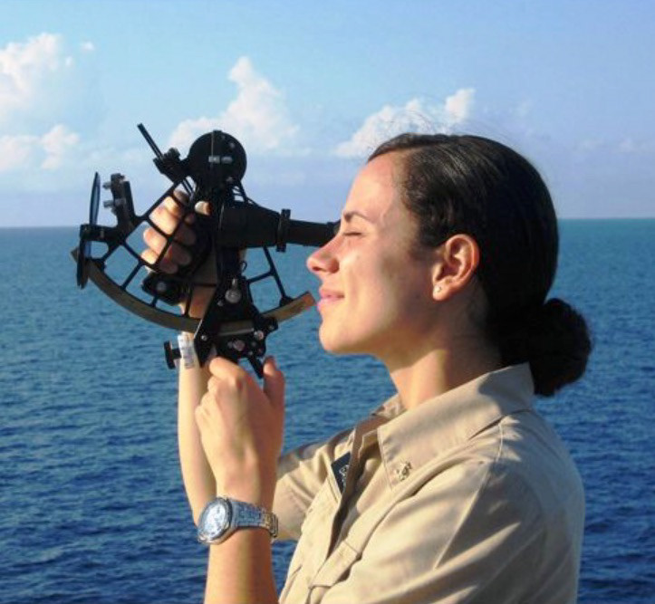 The Marine Sextant. This works by optically bringing an image of the down towards the horizon. The navigator tracks the sun until it 'bumps' the horizon - that is the moment of solar noon