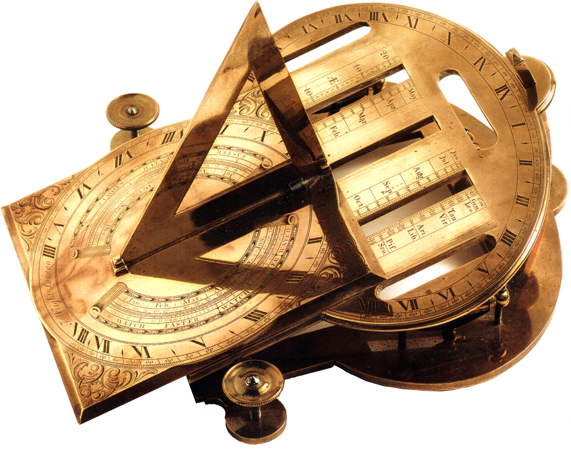 Double Horizontal & Analemmatic "Butlers" Dial - Thomas Wright, London - ca 1740. When the sun was shining, the butler would take such a dial outside and turn it until both dials read the same time. The dial would then be perfectly oriented towards true North. He would take the time, correct it to local mean time from the tables engraved on the dial. He would then return to the house to set the clocks.