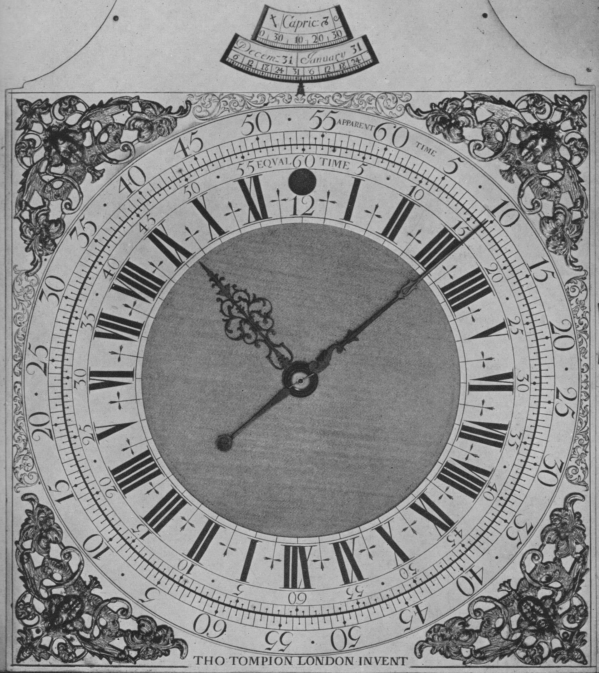 Tompion & Banger - 1703 - Showing the static Mean Time dial and the rotating Solar Time ring. Note the date is 1st January Julian calendar, being 11th Jan Gregorian, and the difference beween the two scales is some 6 1/2 mins - which is about the right value for the Equation on that date.