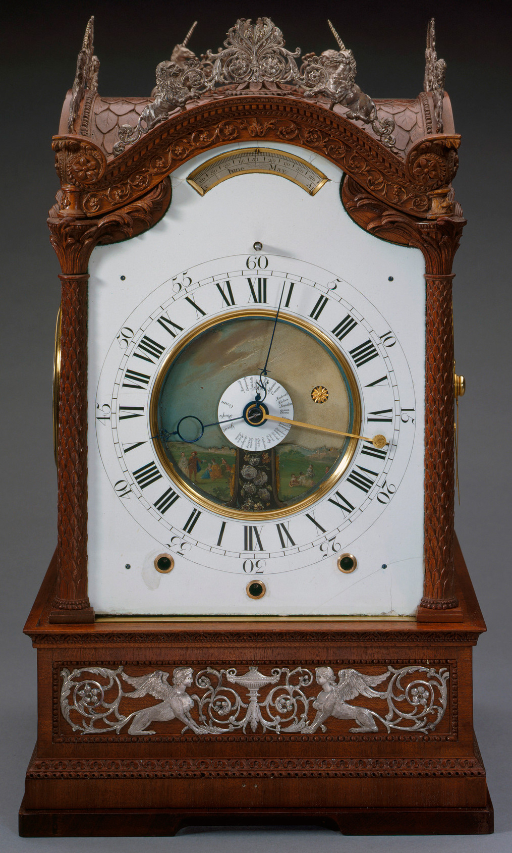 Eardley Norton - 1765 for King George III - Royal Library Windsor. Note the 24 hour dial with golden solar hand, black mean hand and position of the sun in the sky in the background.